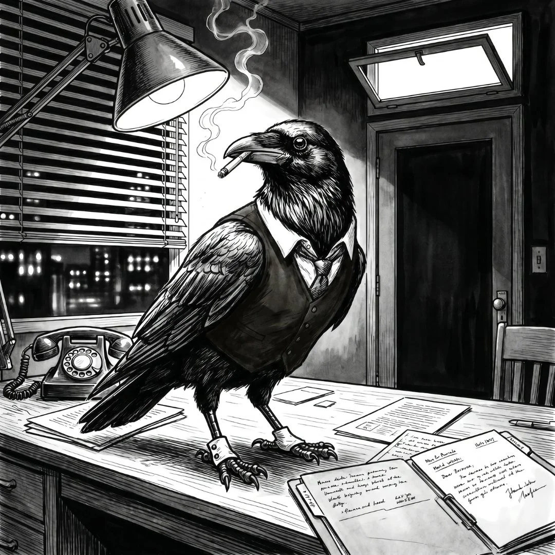 Raven wearing a vest and tie stands on a detective's desk beneath a lamp, smoking a cigarette after entering through an open transom window.