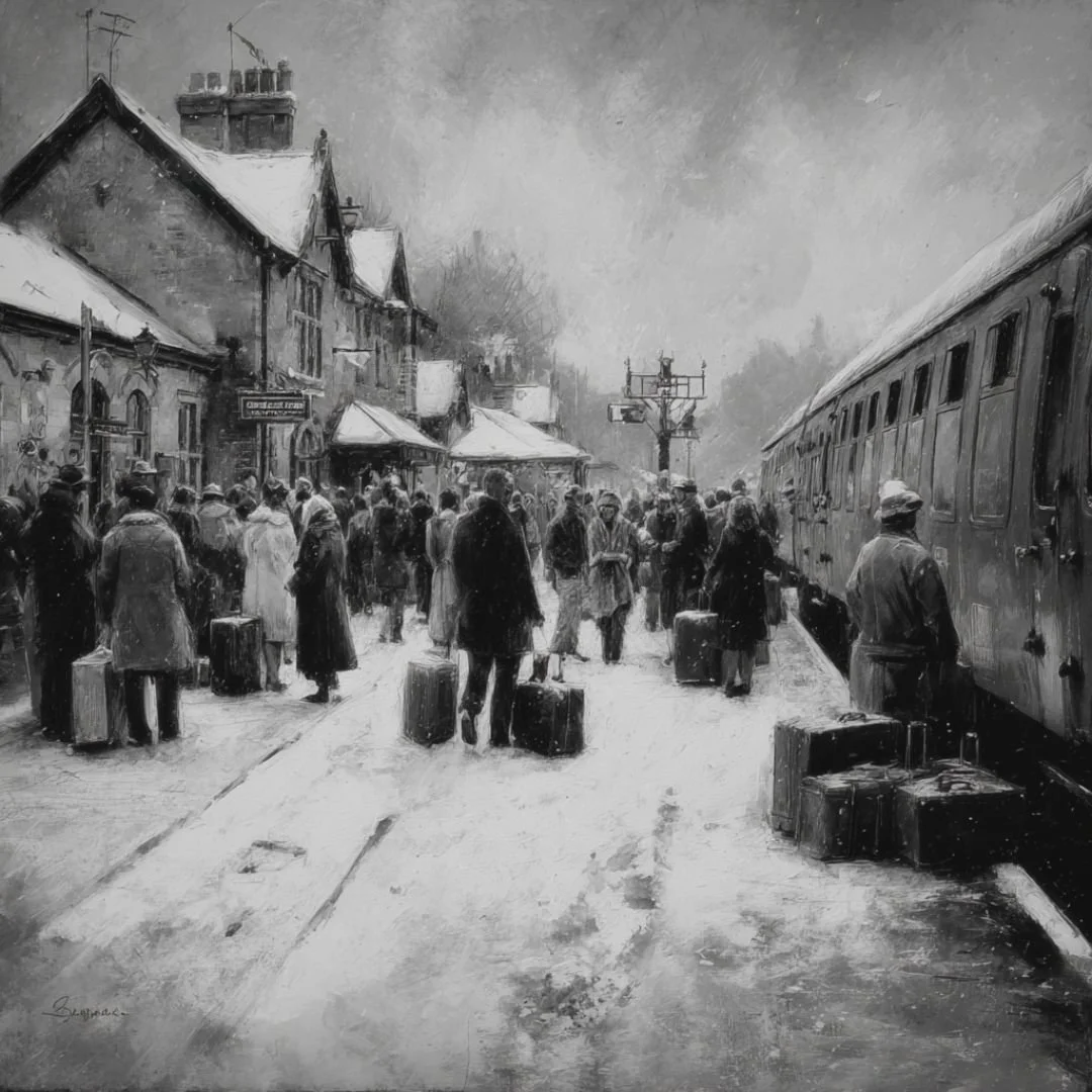 Noir scene in charcoal style depicting passengers disembarking at Wellesley Train Station