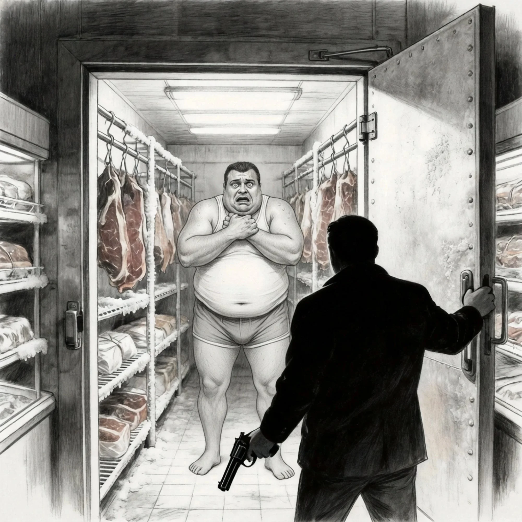 Max Moxie confronts a frightened Popeye inside a walk-in freezer as sides of beef hang from the walls