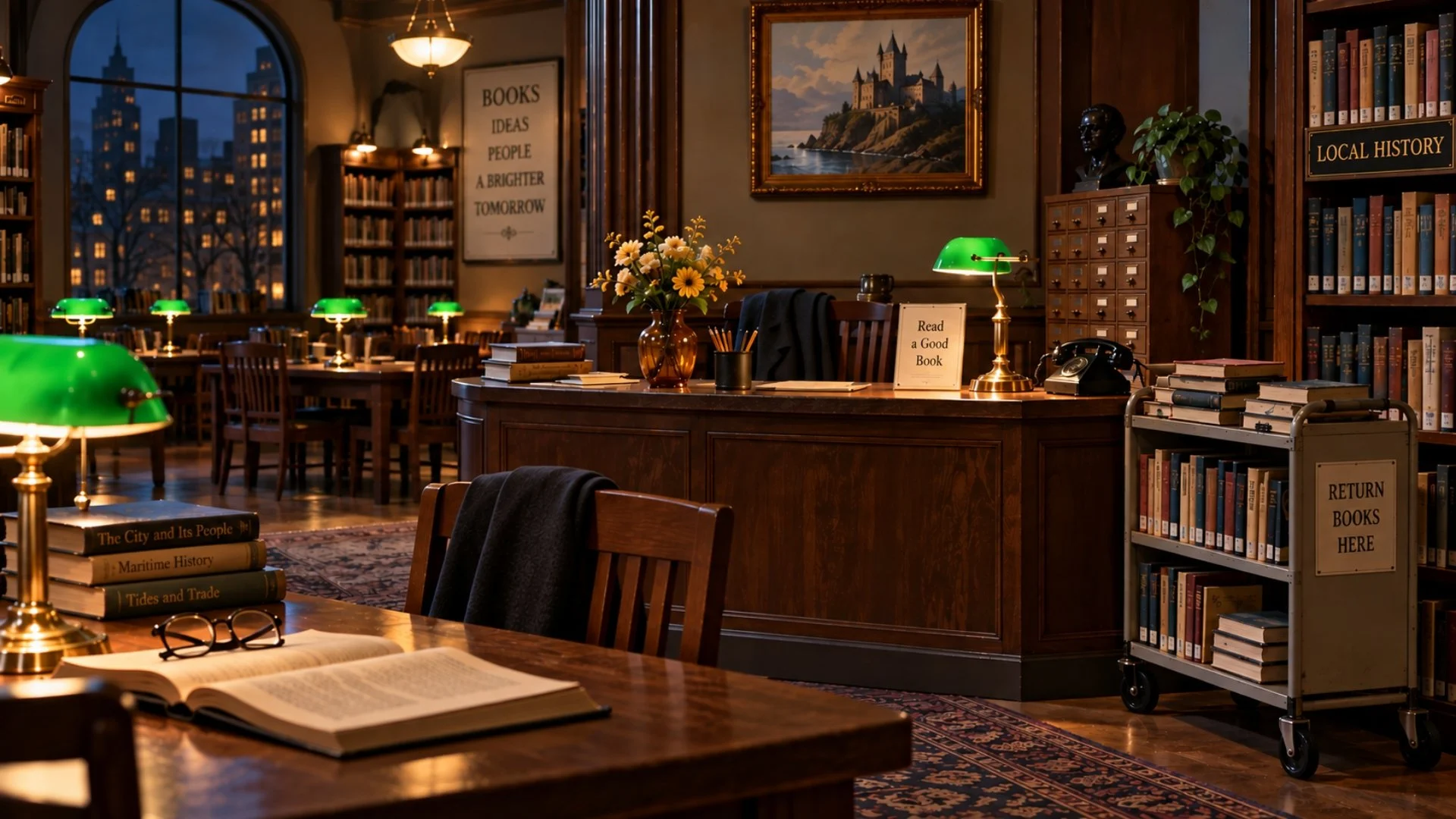 A quiet library interior with bookshelves, reading tables, and a librarian's desk.
