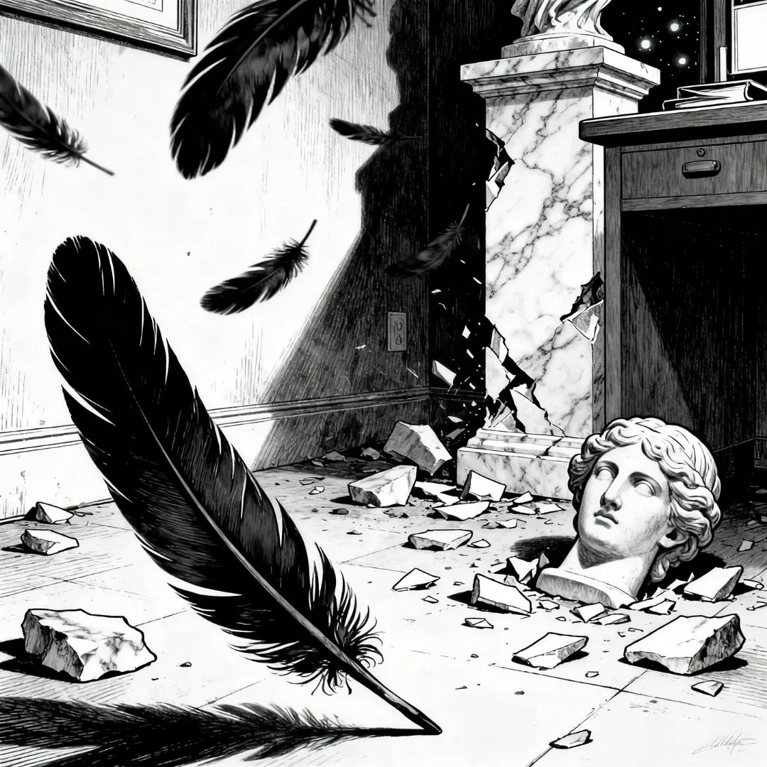 Marble fragments and drifting raven feathers surround the shattered bust of Pallas in the quiet aftermath of gunfire inside a detective's office.