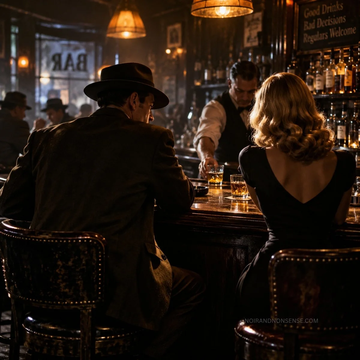 Man in a fedora and woman in a black dress seated at a dimly lit bar with a bartender behind the counter.