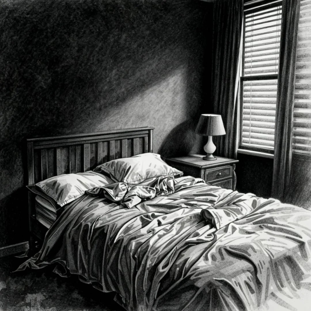 Noir scene in charcoal style showing unmade bed with nightstand from club bedroom