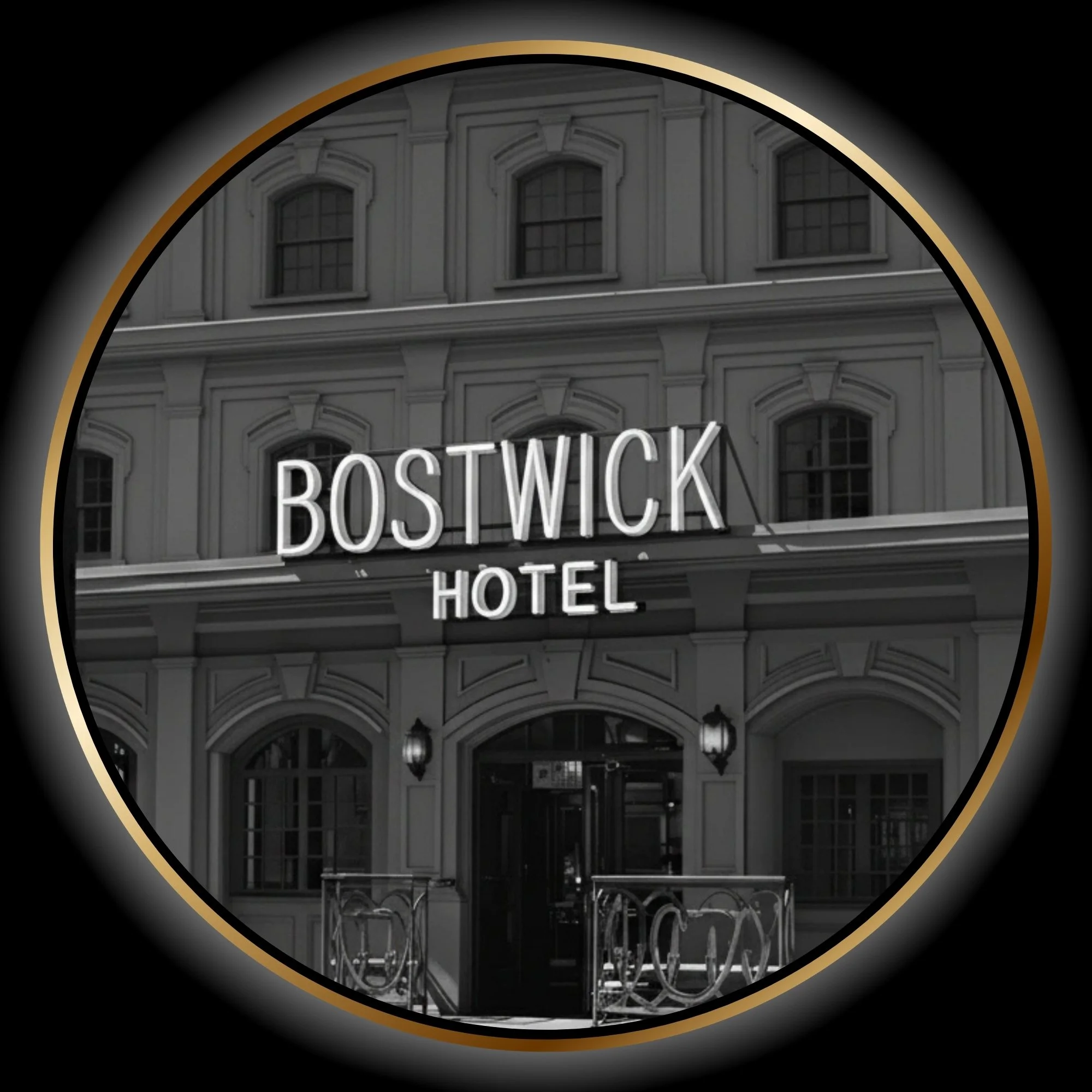 Black-and-white exterior of the Bostwick Hotel, a central location in Bostwick Blues.