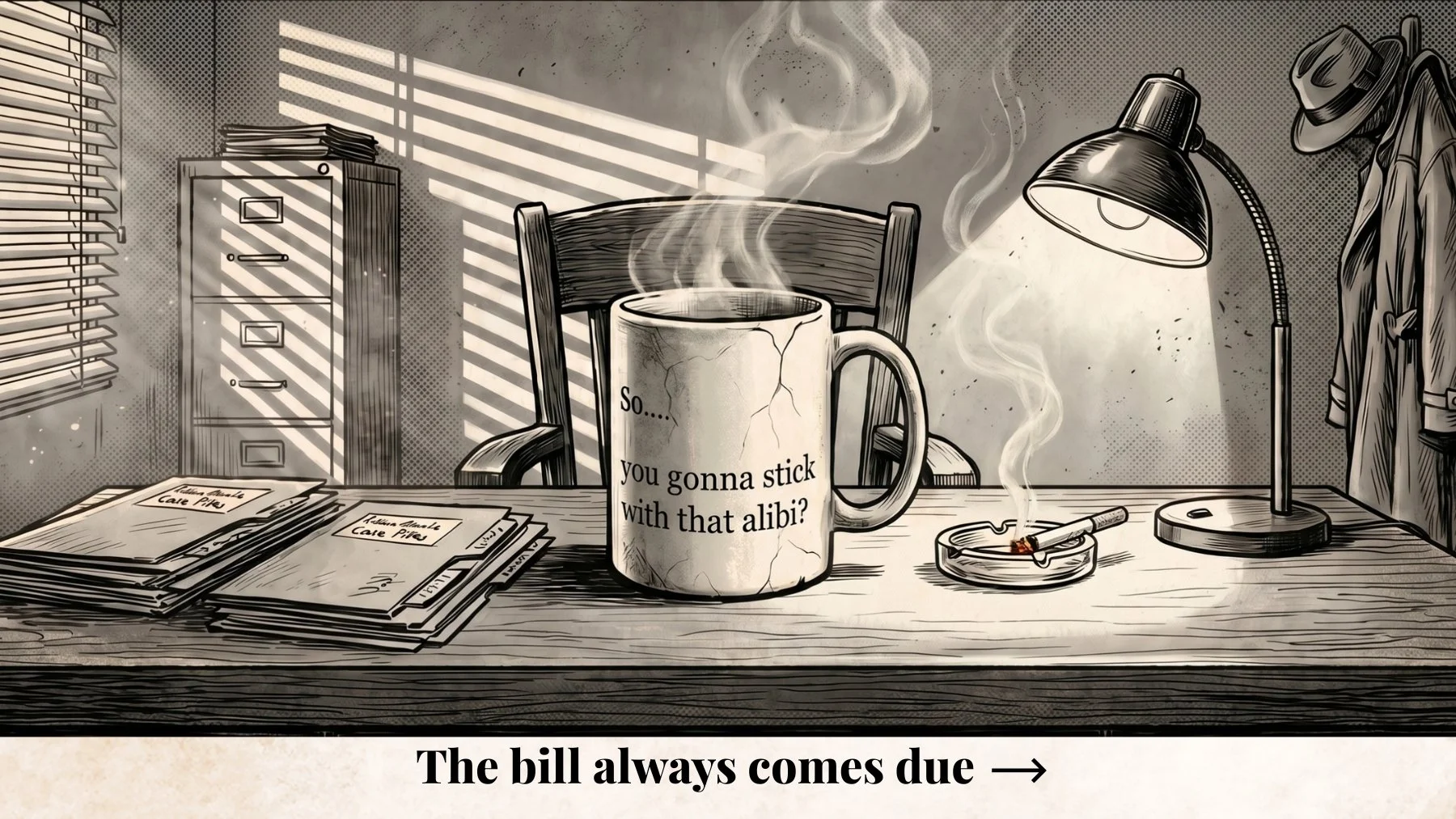 Pen-and-ink illustrated ad for the Alibi mug reading “There’s no such thing as easy money” and “The bill always comes due.”