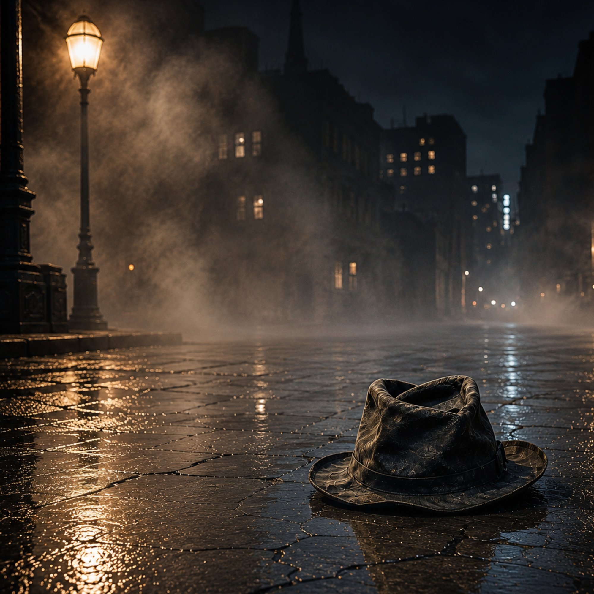 A weathered fedora lies abandoned on a rain-soaked city street beneath a glowing streetlamp as steam drifts through the quiet night, evoking the mood of classic film noir.