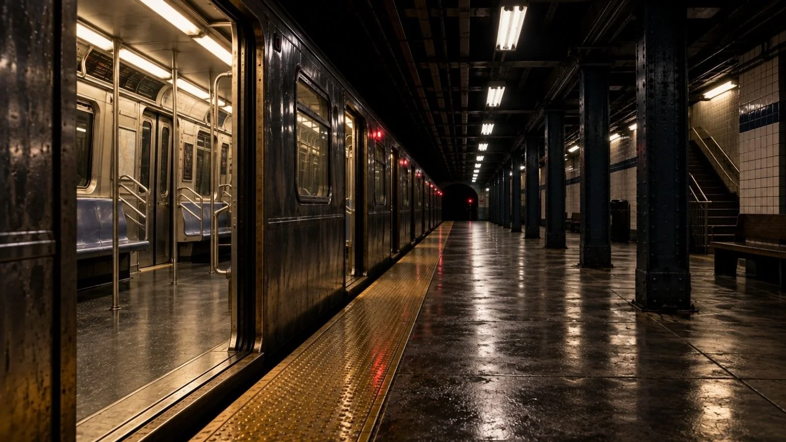 Empty subway platform with a train waiting with its doors open.