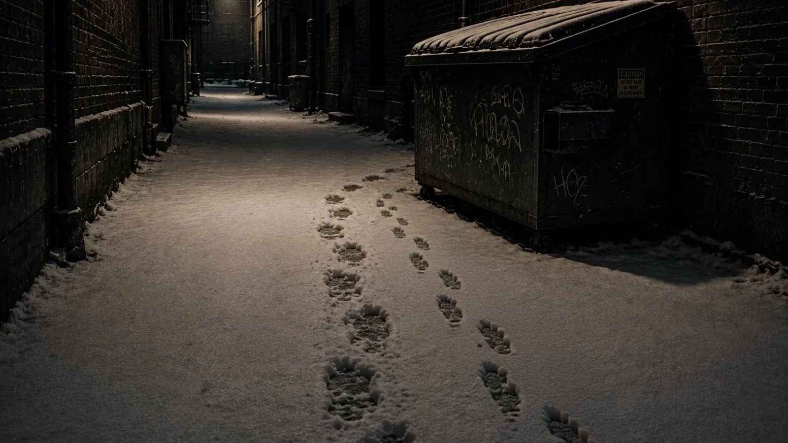 Two sets of footprints in a snow-covered alley curve toward a dumpster at night.