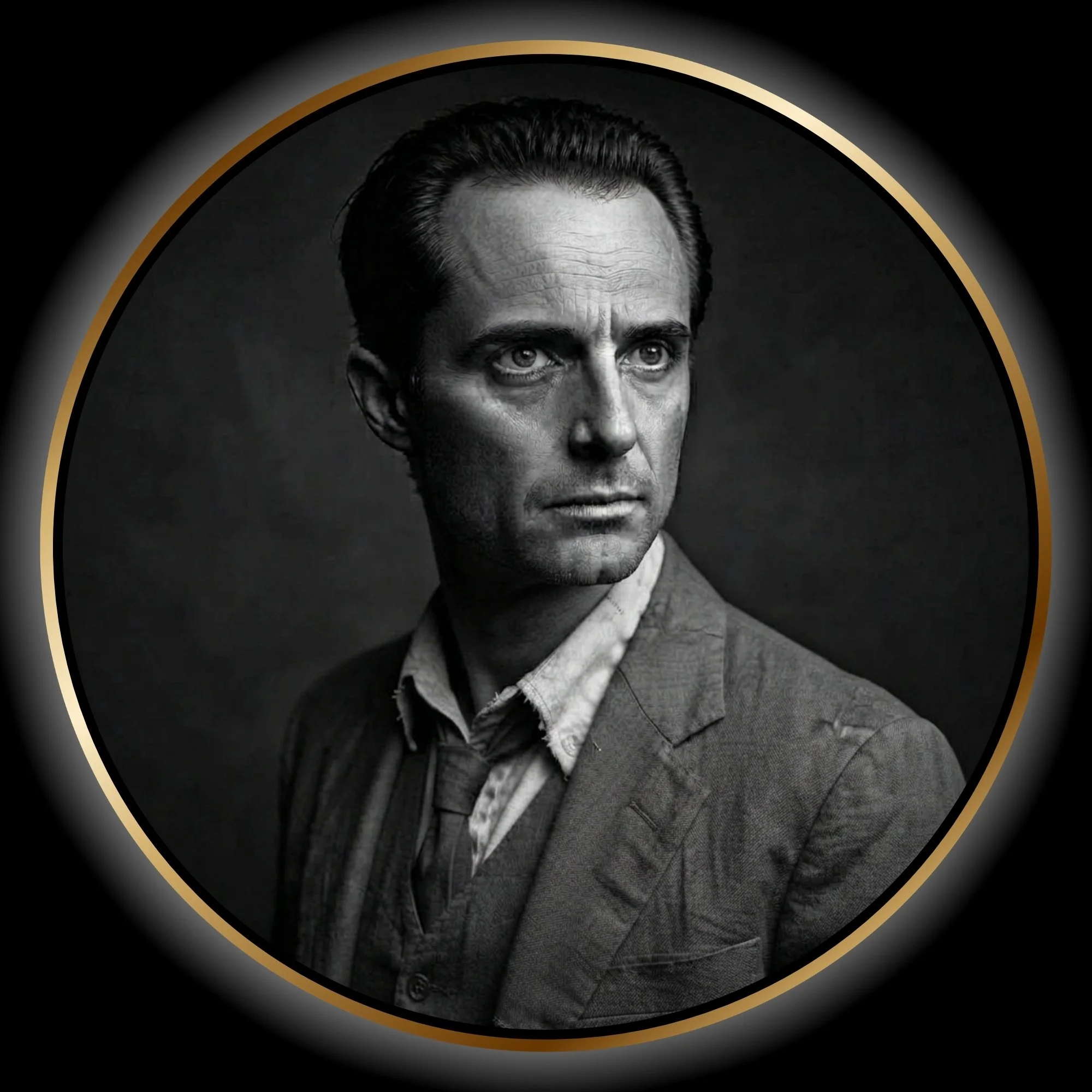 Black-and-white portrait of Louie, a thin, serious-looking man and small-time thief in Paper Trail.