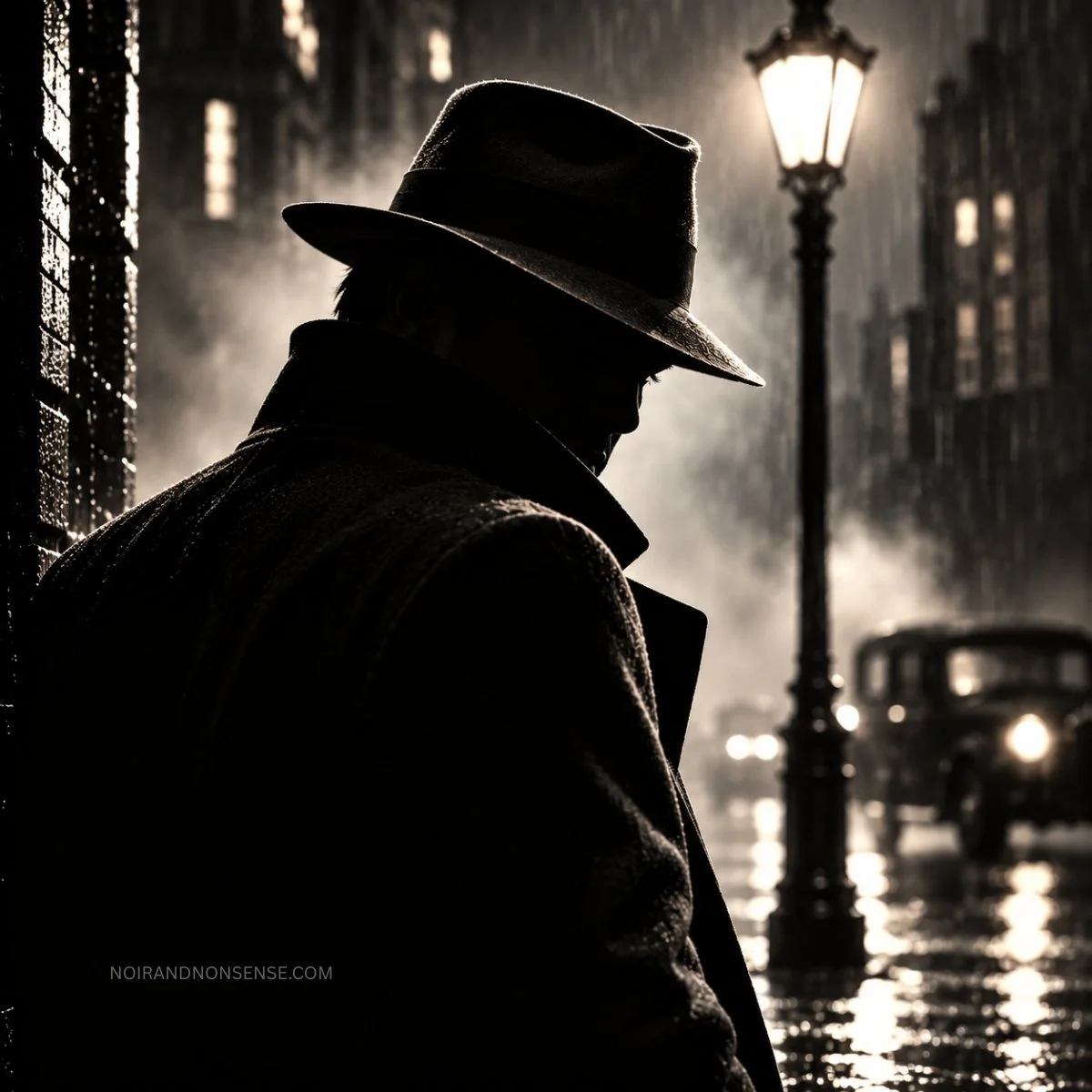 Silhouetted man in a fedora and dark coat on a rain-soaked city street beneath a glowing streetlamp.