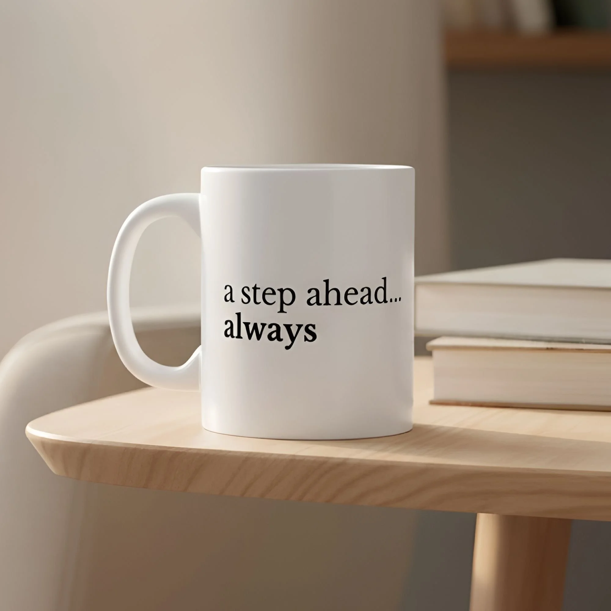 A step ahead always 11oz white ceramic - resting on a side table with books