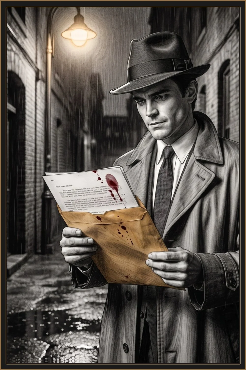 Paper Trail book cover featuring detective Max Moxie examining a bloodstained letter and manila envelope in a rain-soaked alley.