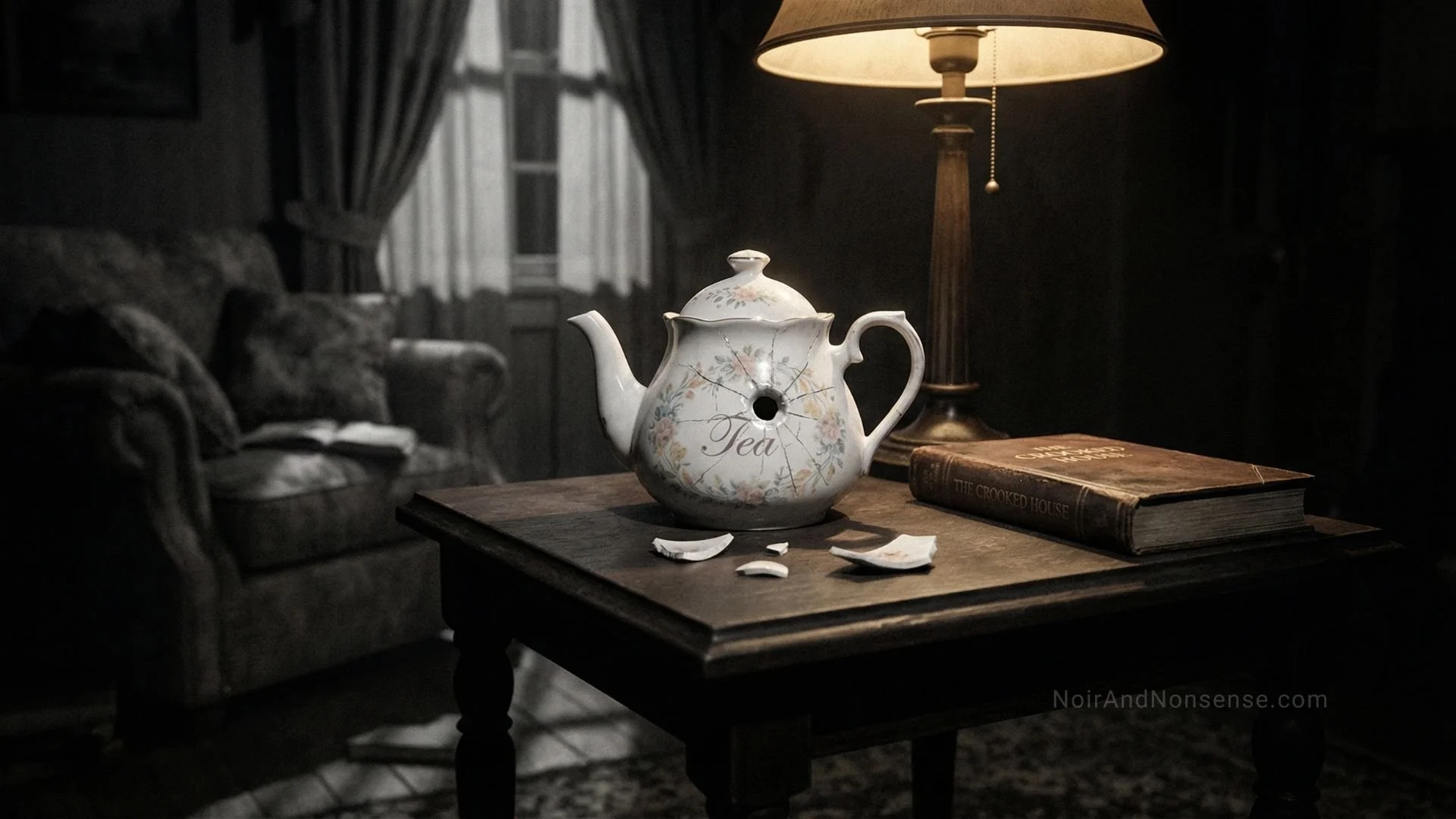 poor earl gray, his teapot has been shot with a bullet, a tribute to tea cozy mysteries