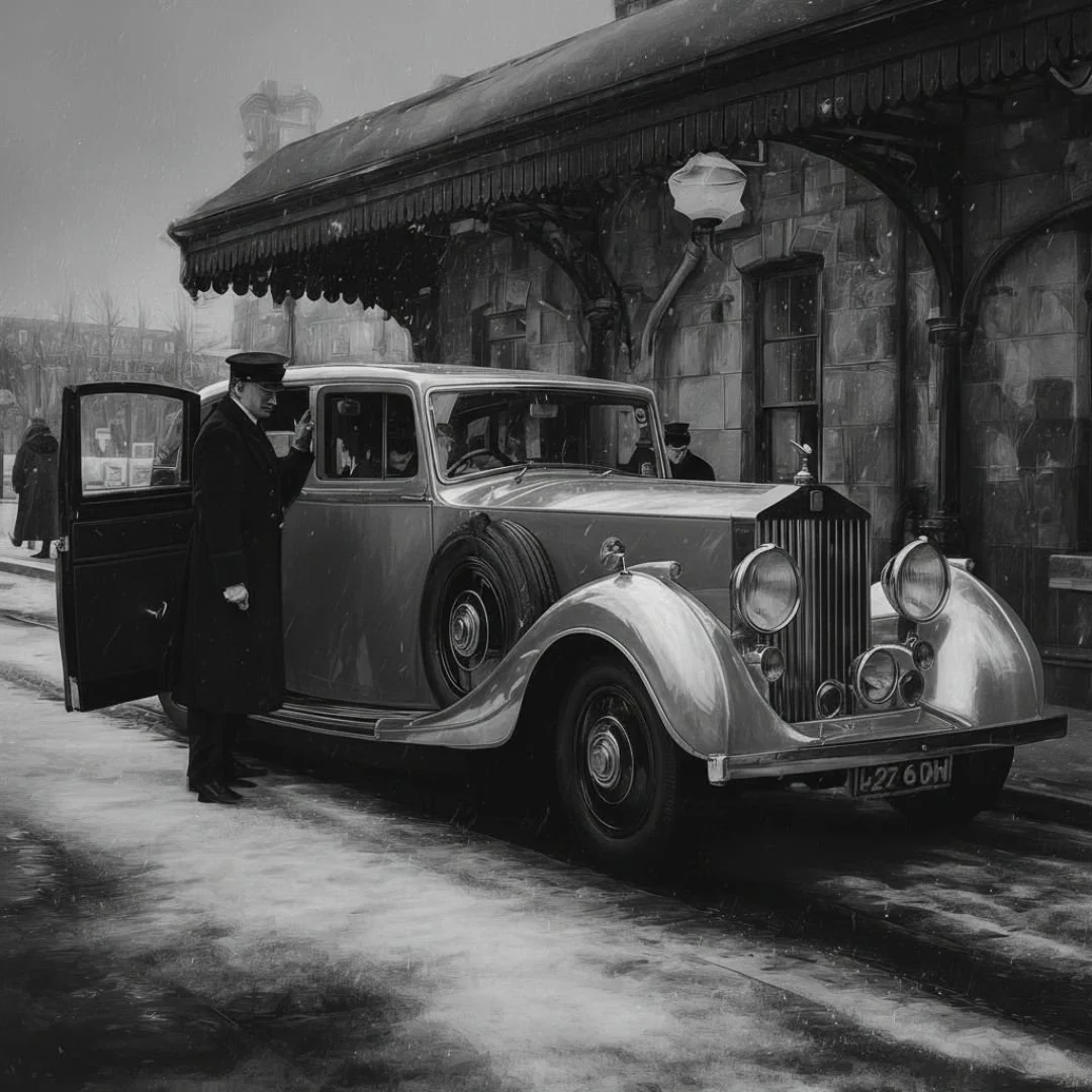 Noir scene of Hadley the Chauffeur standing next to the 1937 silver rolls royce phantom
