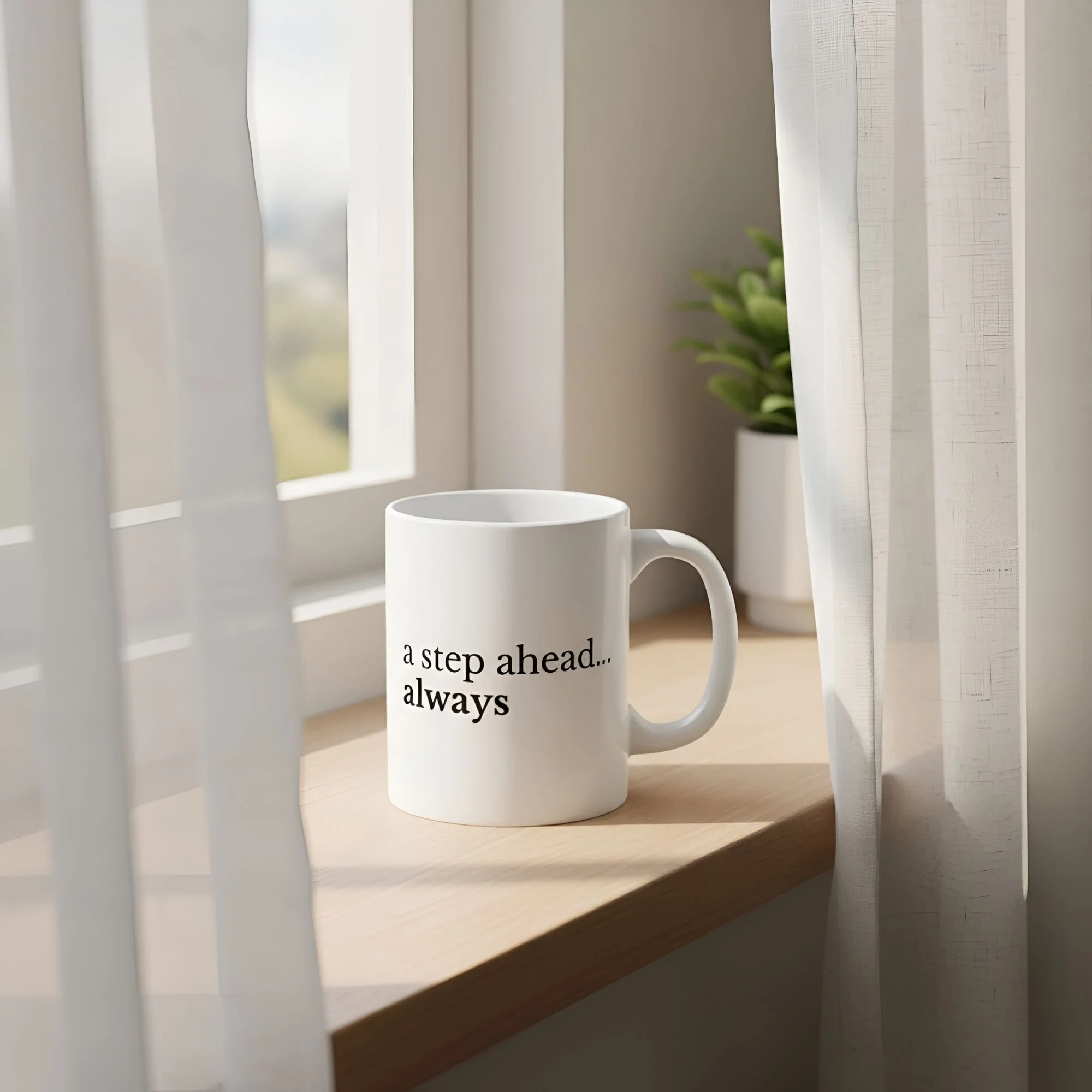 A step ahead always 11oz white ceramic - resting on a window sill in soft morning light