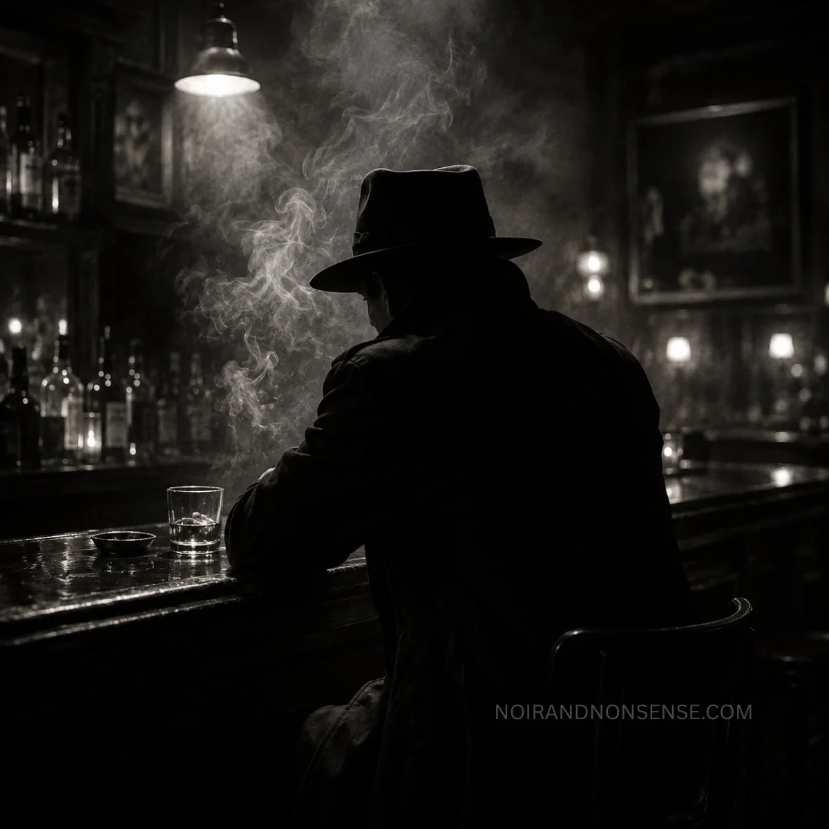 Silhouetted man in a fedora sitting alone at a smoky bar.