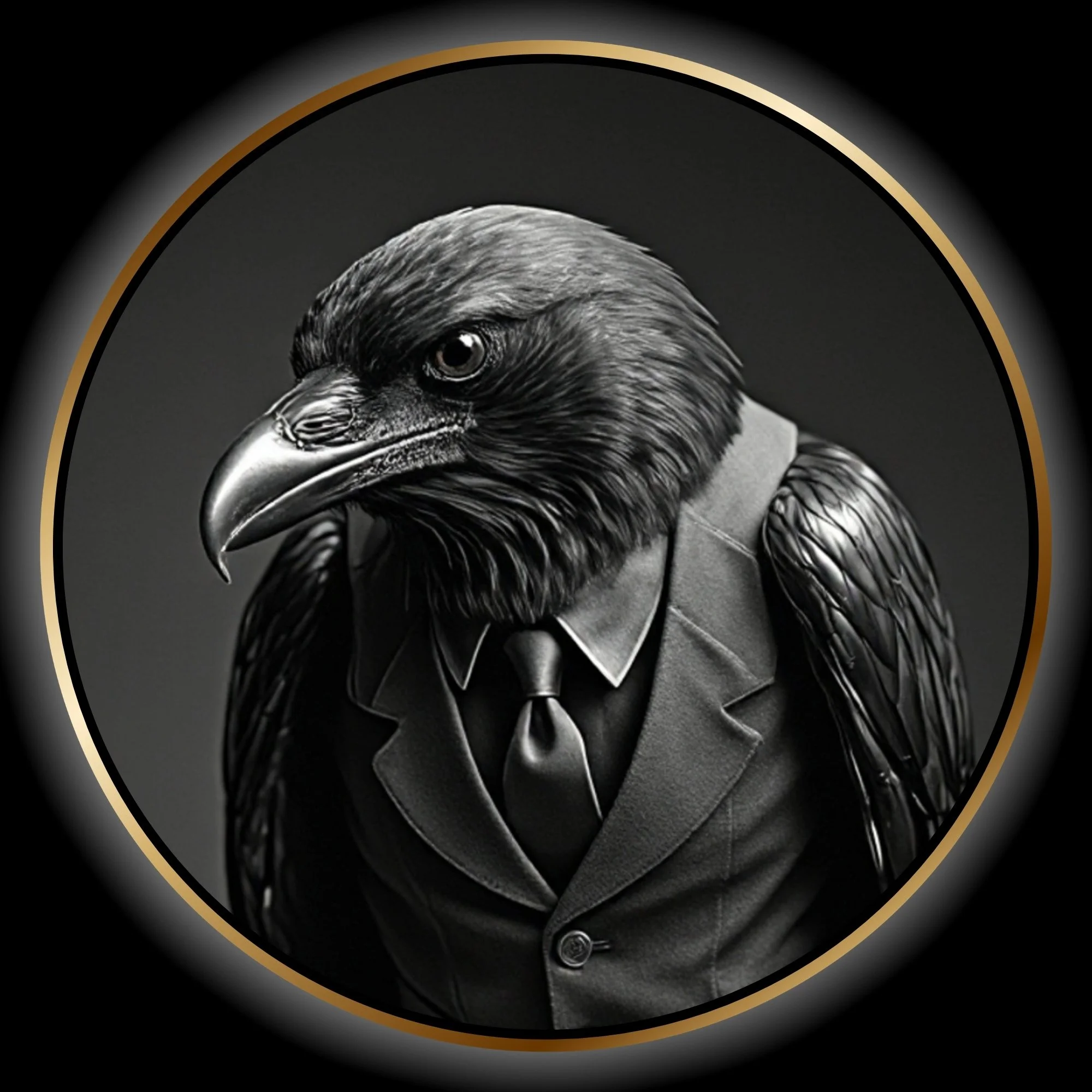 Black-and-white portrait of the talking raven from Another Night in Tinseltown wearing a suit and tie.