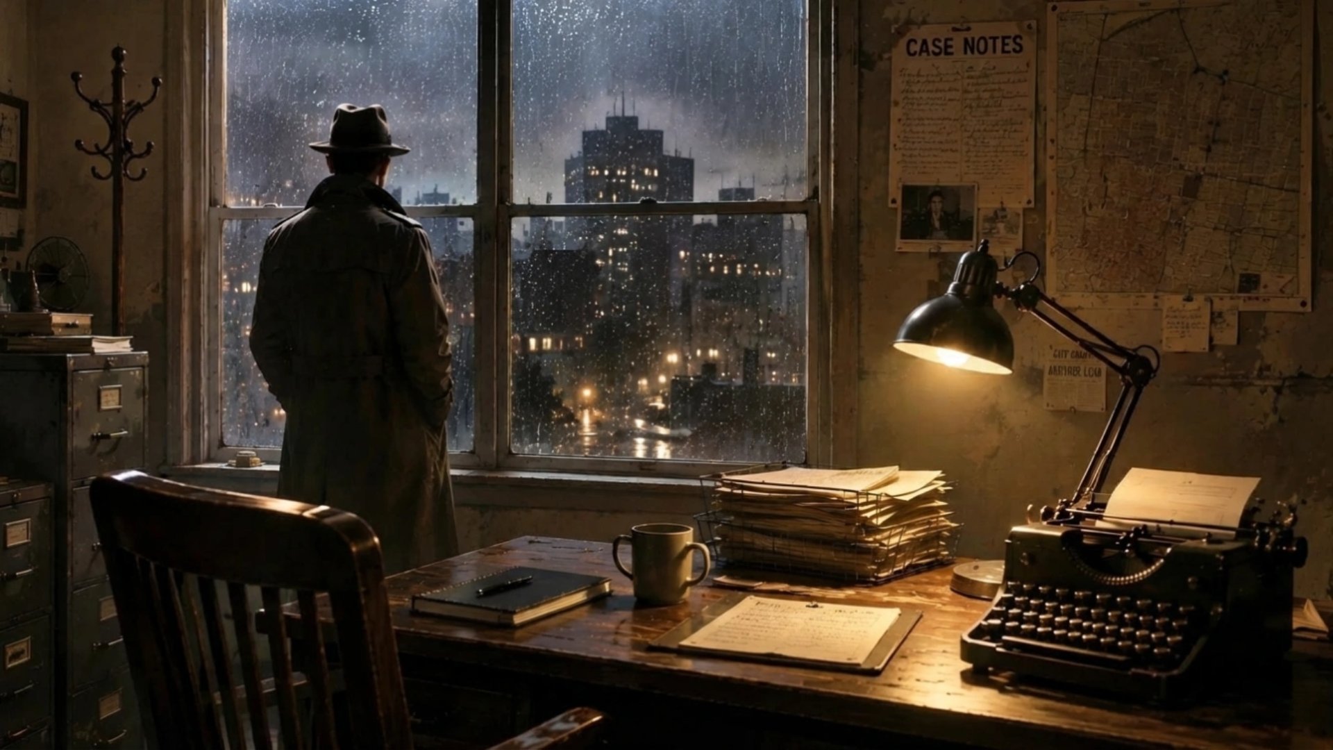 A private detective stands at a rain-covered office window overlooking the city while a worn desk with case files, a typewriter, and a desk lamp waits behind him in a cinematic noir office.