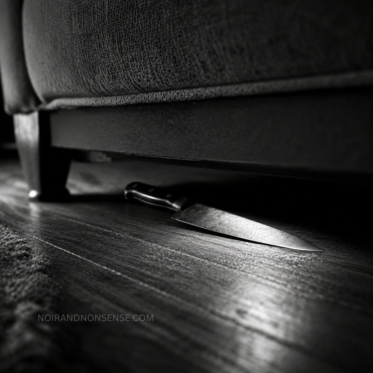 Knife partially hidden beneath a sofa in a dark room.