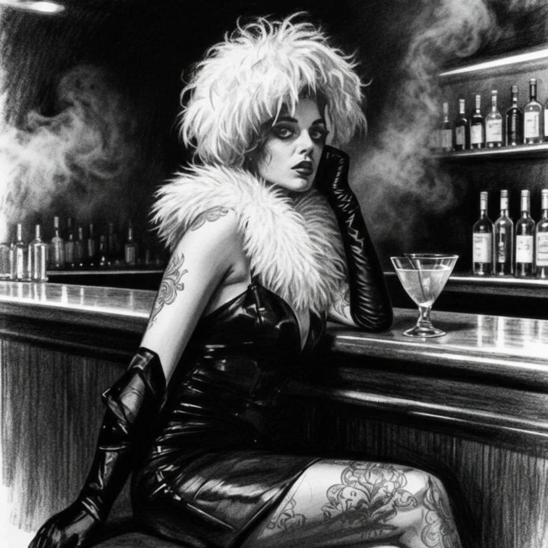 Noir scene of Jeannie sitting at bar wearing feather boa