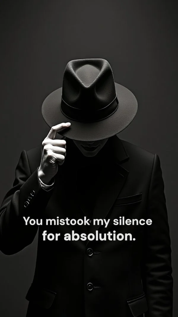 Man dressed in black suit wearing fedora, digital wallpaper card reads, "You mistook my silence for absolution."
