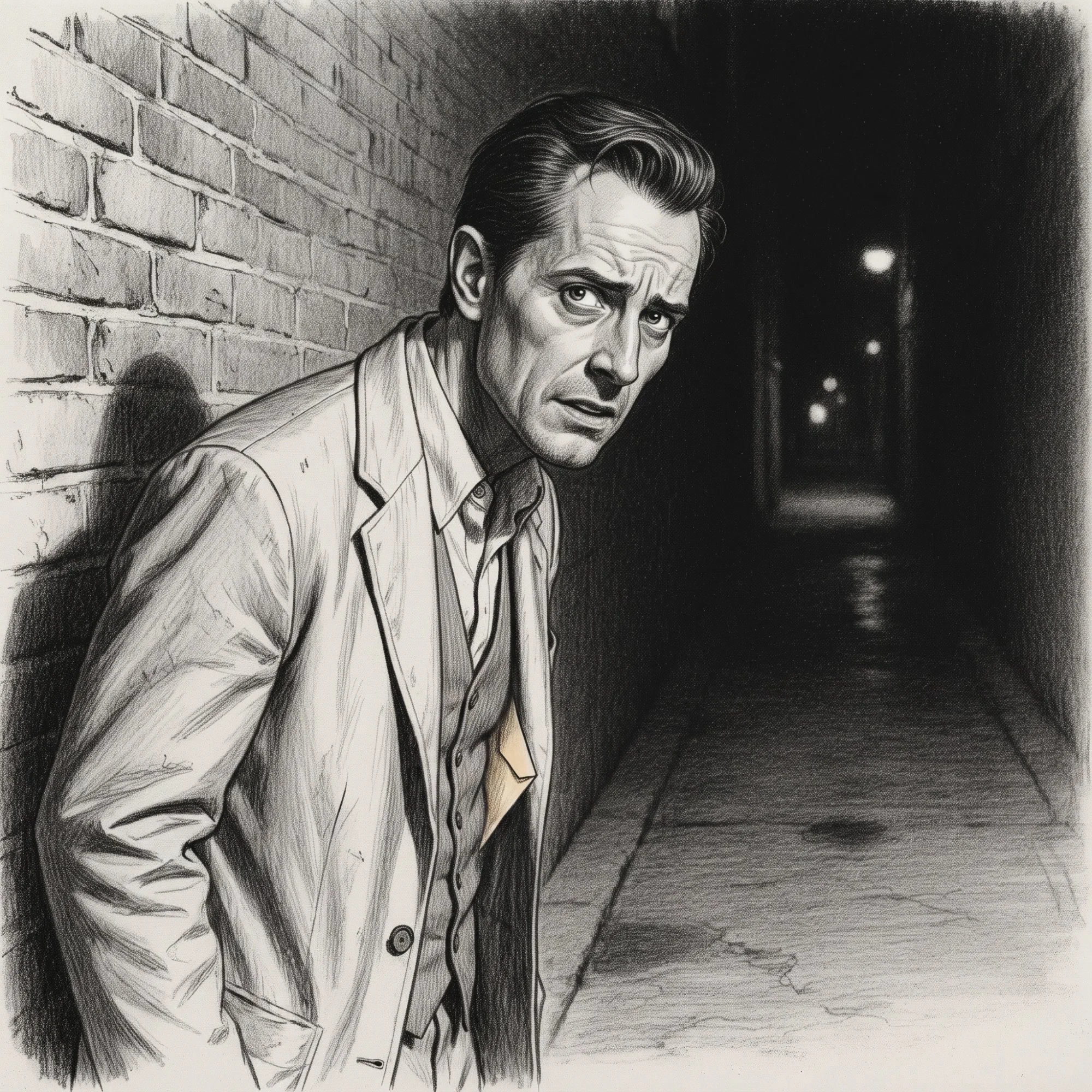 Louie speaks with Max Moxie in a deserted alley, explaining how he came into possession of the manila envelope.