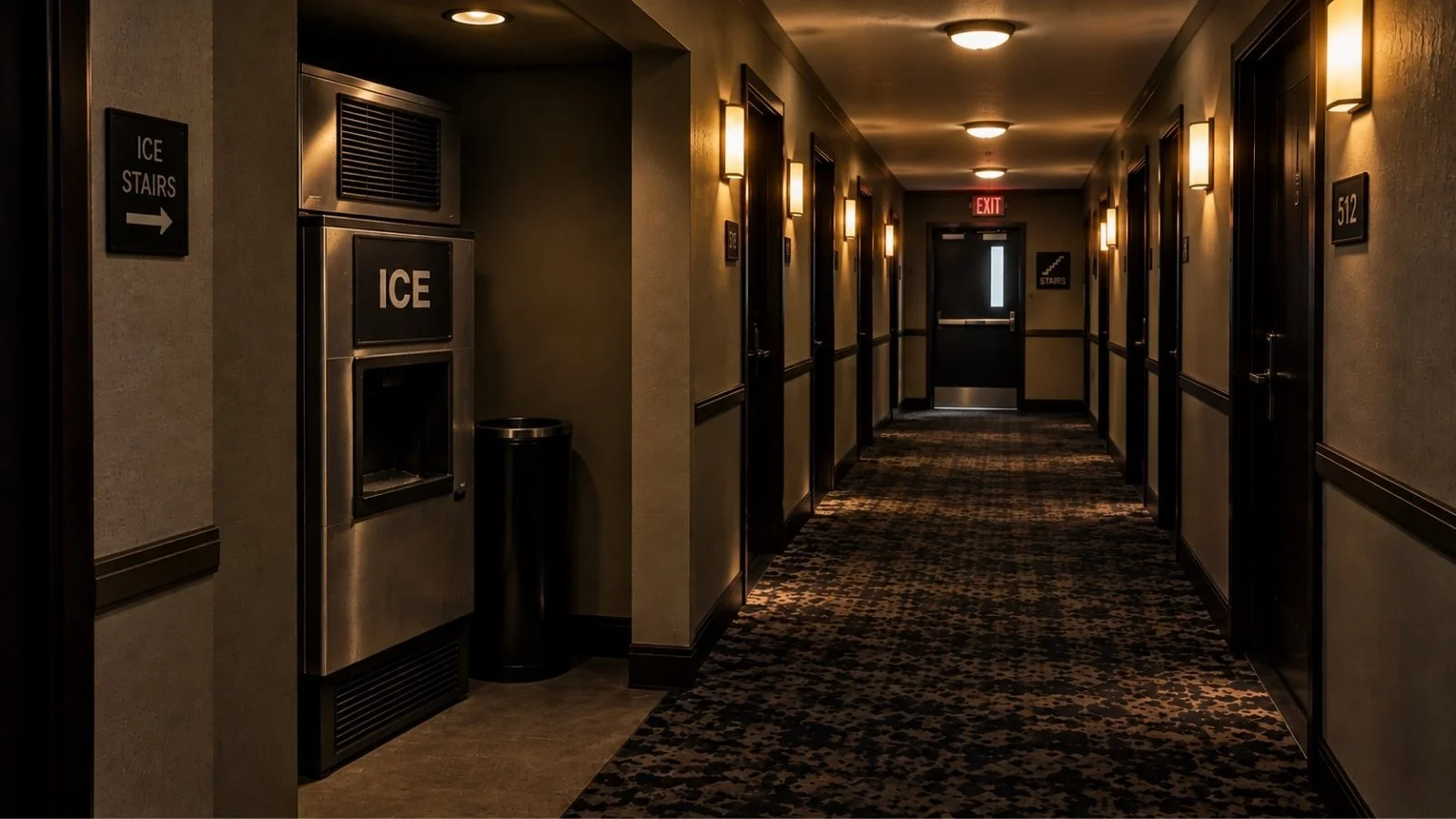 Hotel hallway at night with an ice machine recessed in an alcove and a stairwell at the far end.