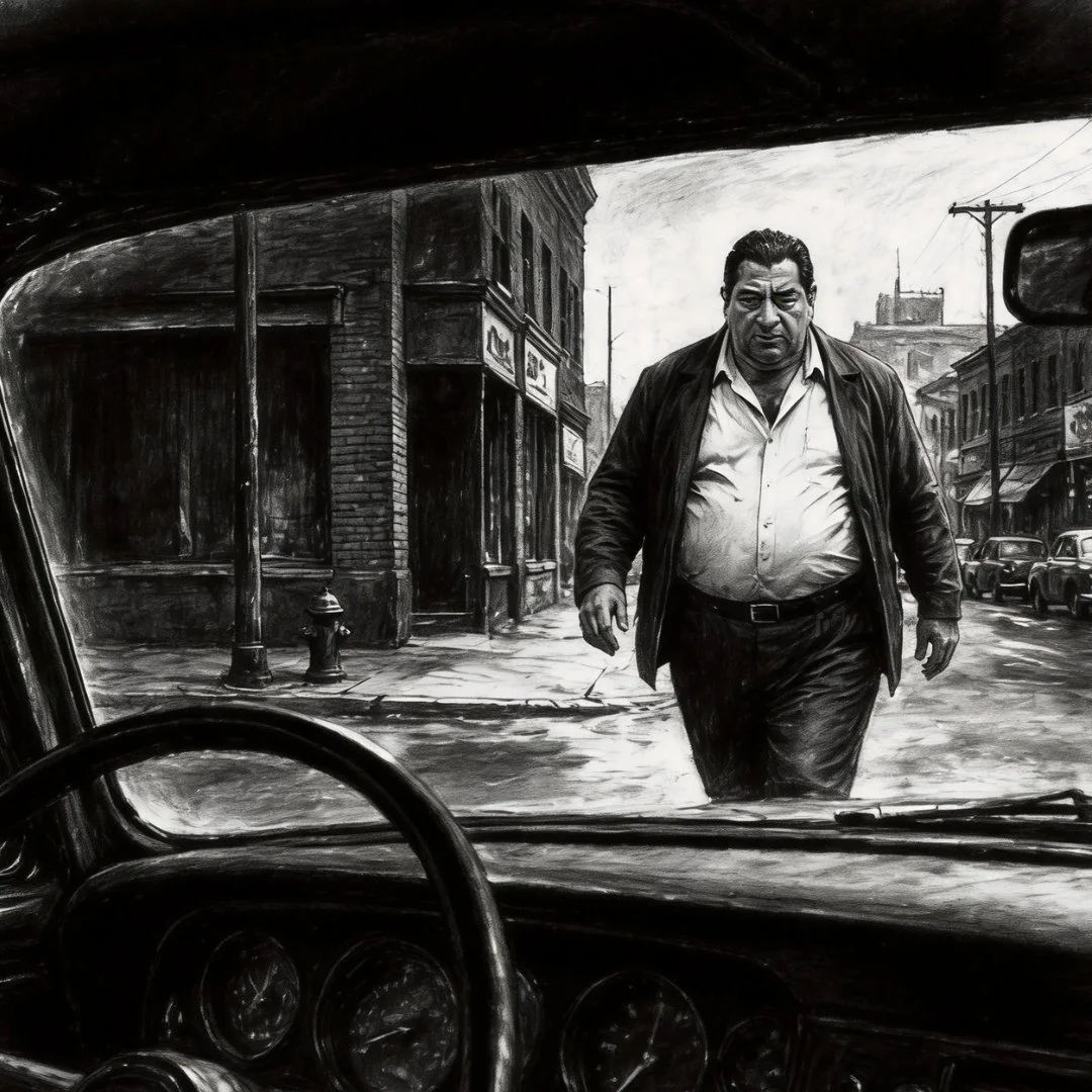 Heavyset man walking toward a car on a city street, seen from inside the vehicle in a noir scene