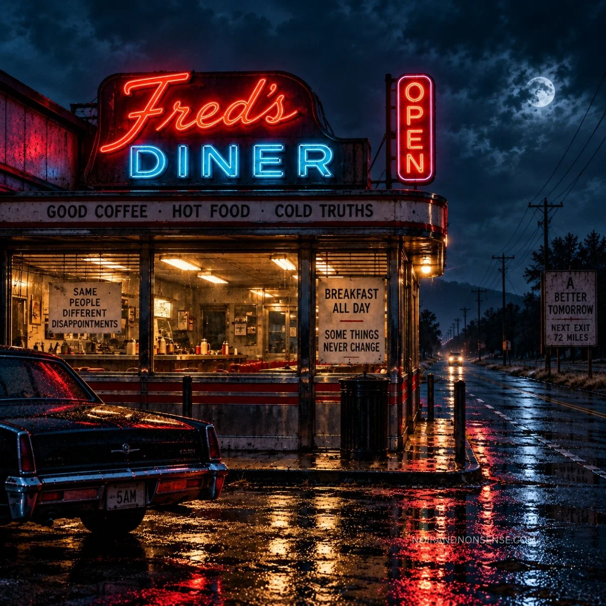 Fred’s Diner glowing with neon lights beside a rain-soaked road before dawn, with a dark car parked outside.