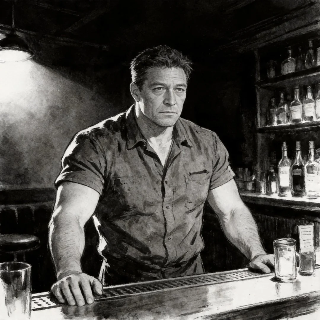 Man standing behind a bar counter in a dimly lit noir bar interior