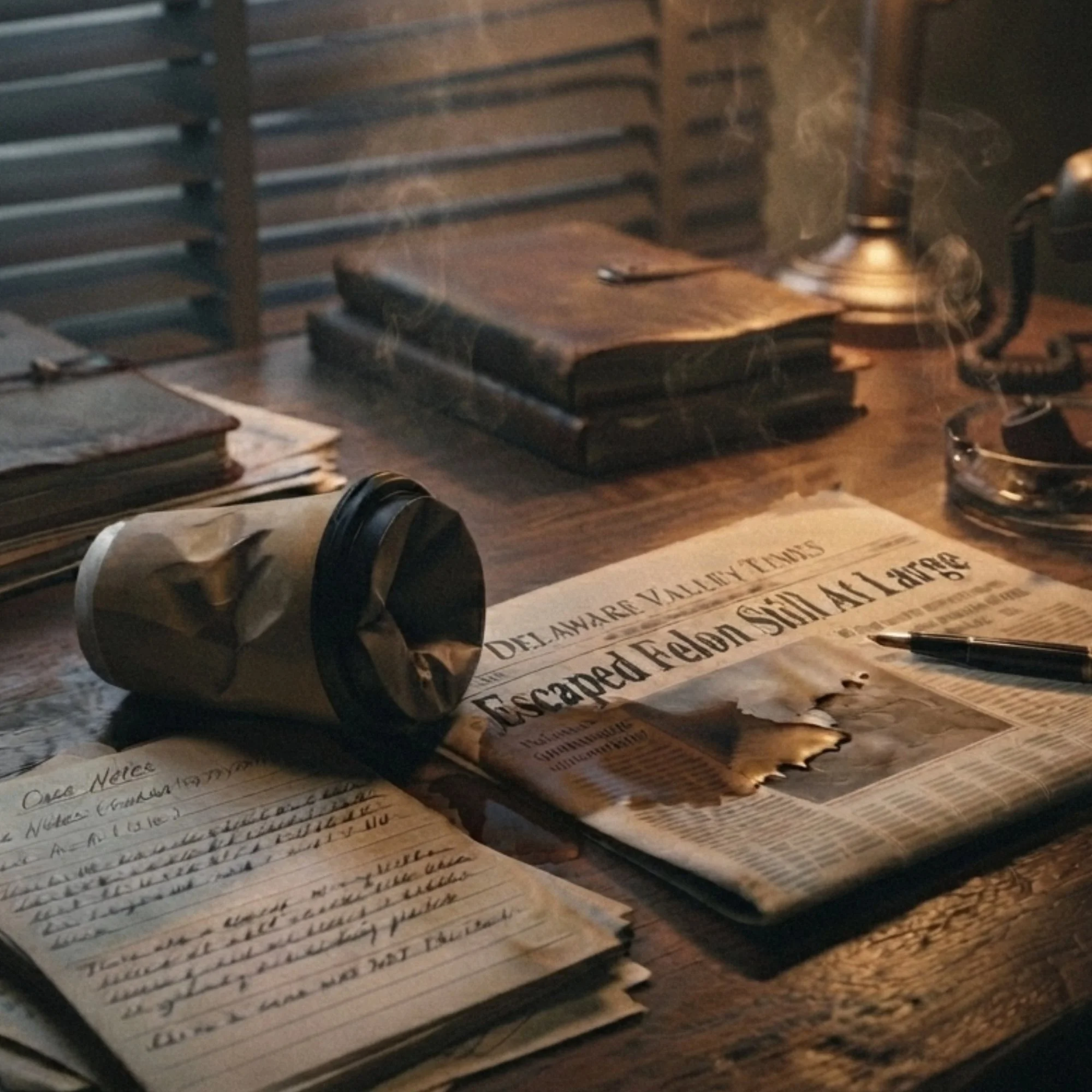 A tipped-over paper coffee cup spills across a detective's desk beside handwritten case notes, a newspaper, and a rotary telephone in a warmly lit noir office.