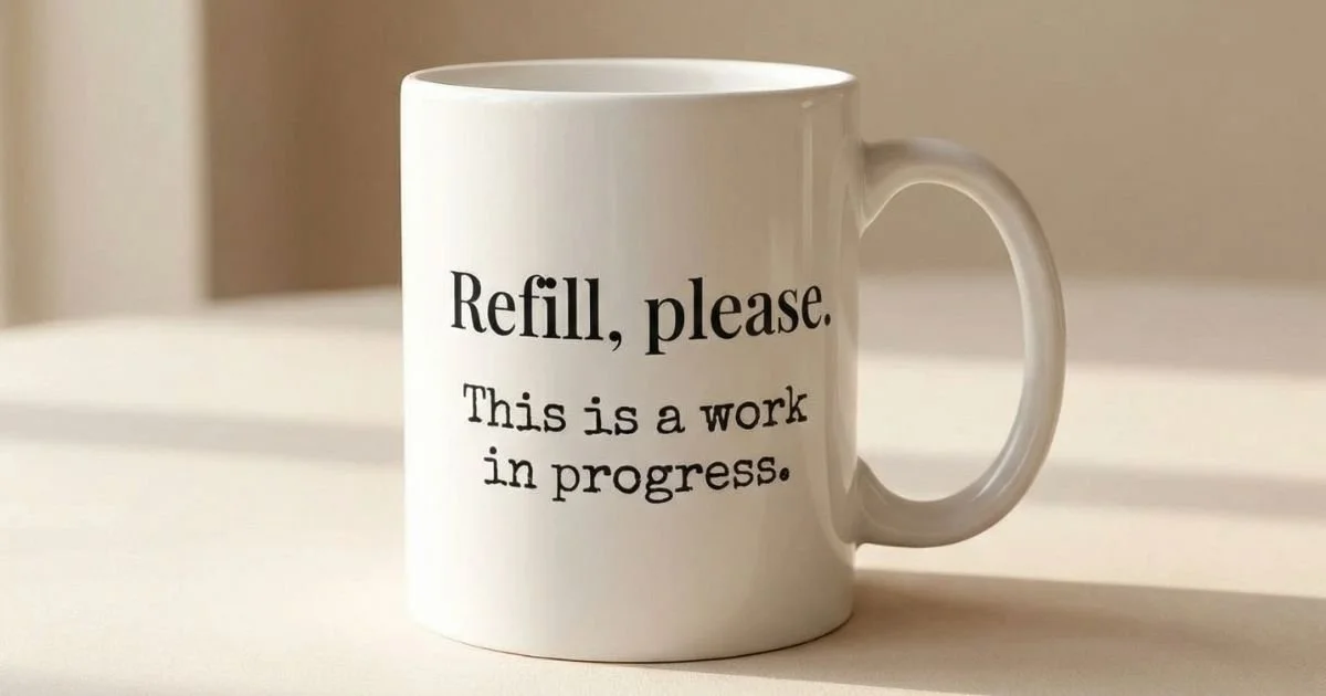 Refill please This is a work in progress white ceramic 11 oz mug on a  neutral surface