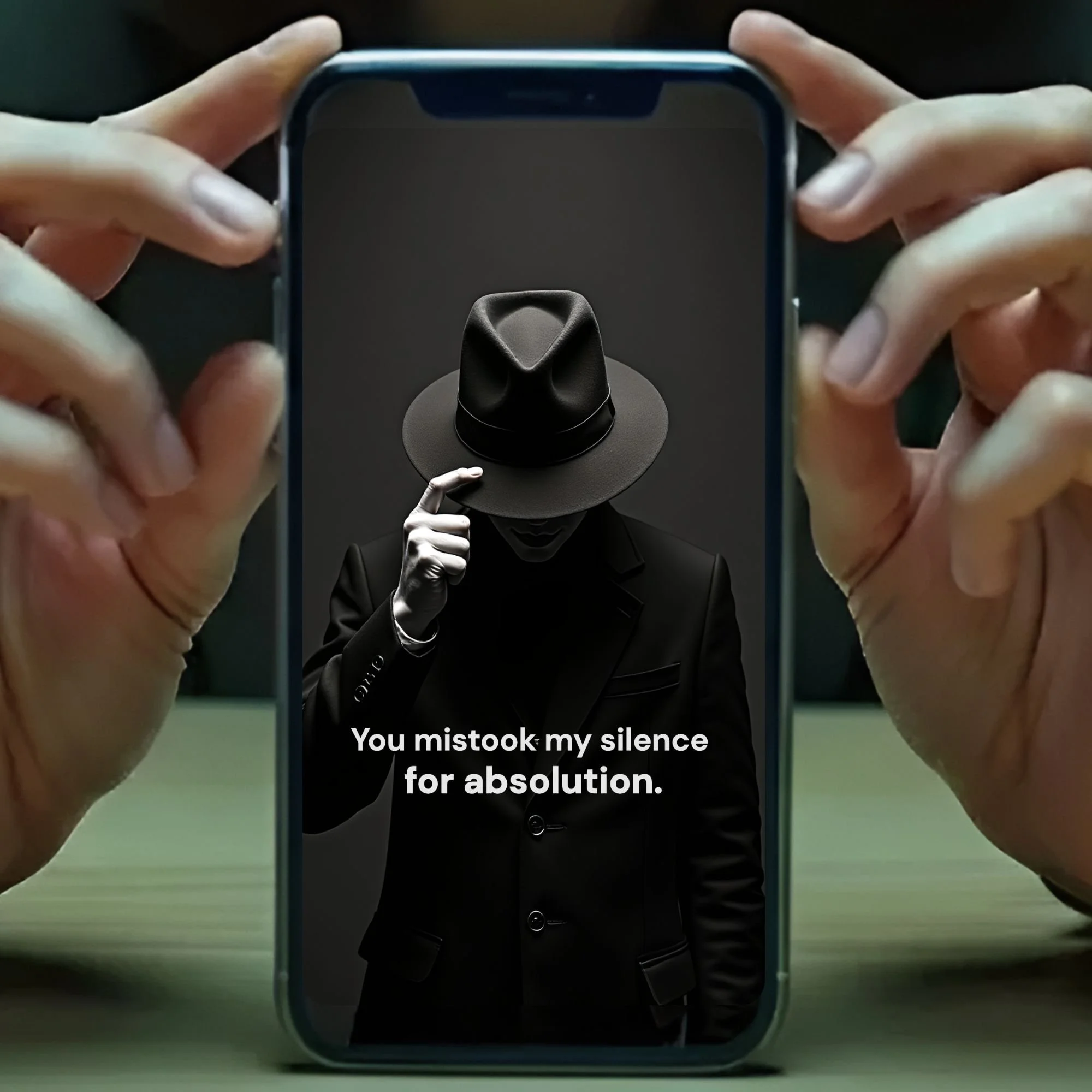 Phone wallpaper with man dressed in black with fedora, card reads, "You mistook my silence for absolution."