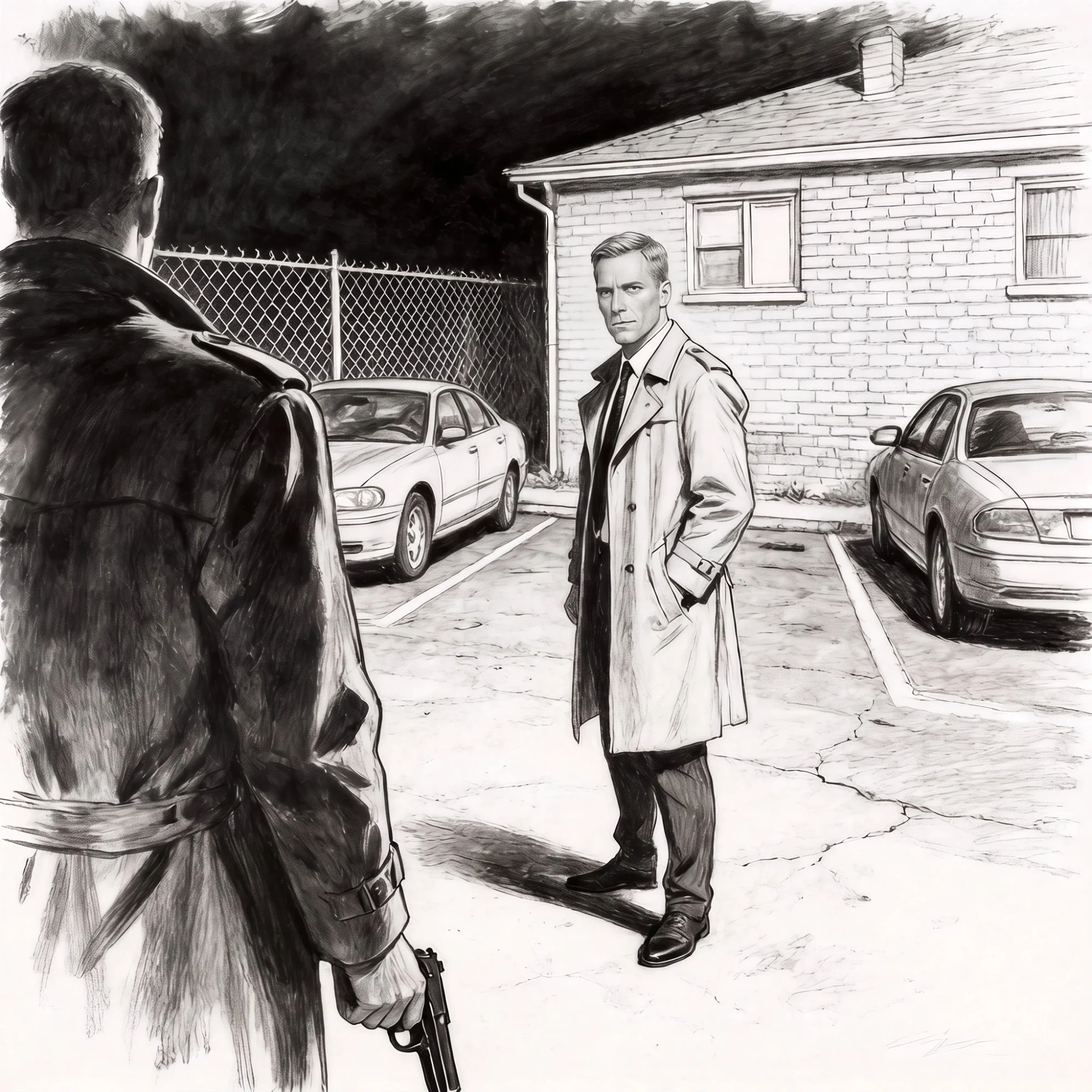 Max Moxie confronts Duke in the parking lot behind Louie's apartment building.