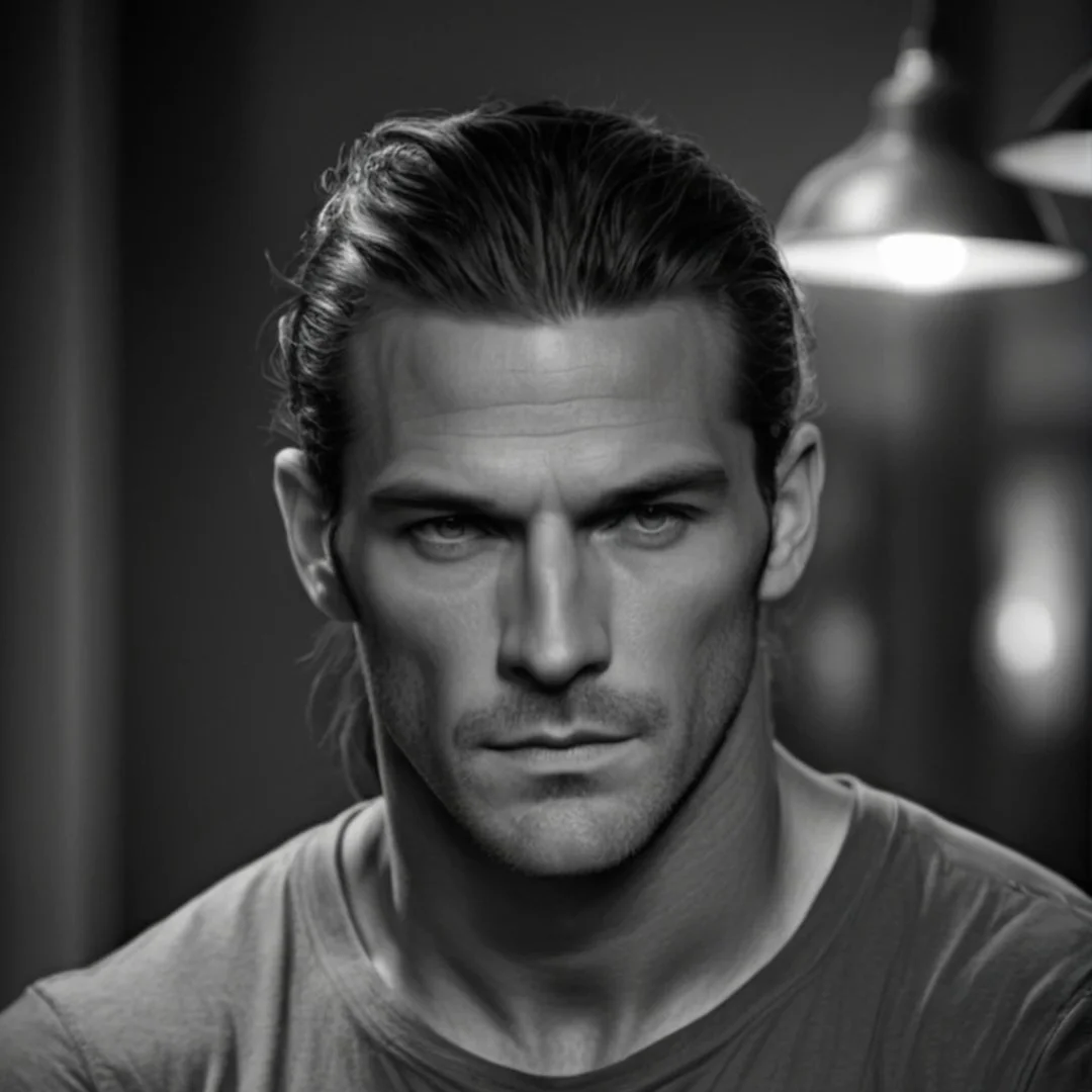 A stern, muscular man with a cold, intense stare, standing under harsh light with a menacing presence in a noir scene.