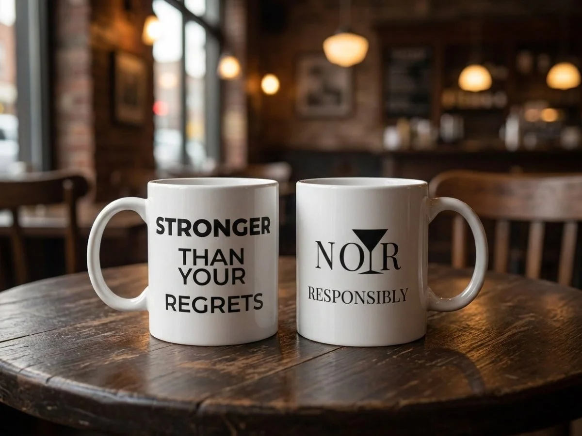 Two Noir & Nonsense mugs displayed on a café table.