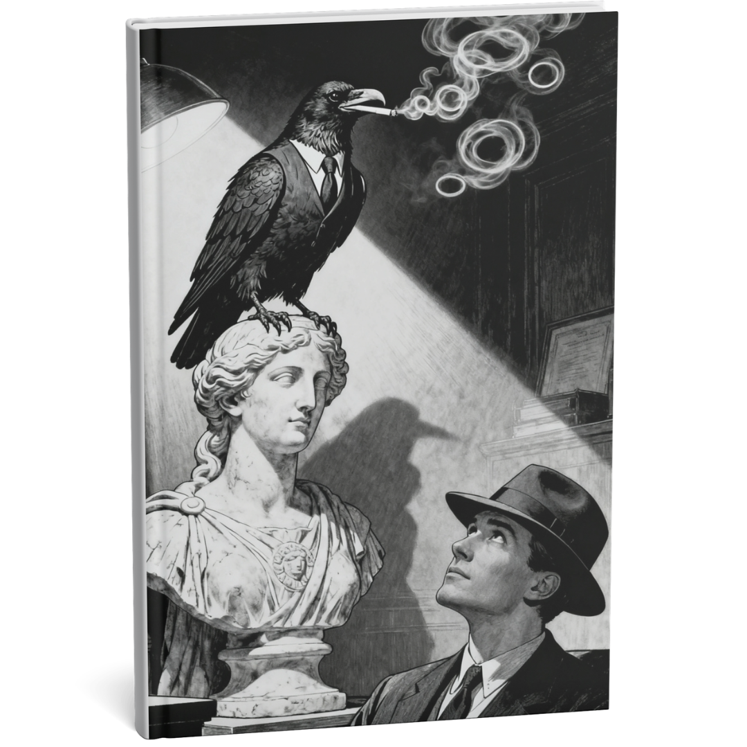 A black-and-white noir scene featuring a detective in a dimly lit office with a raven companion, cigarette smoke drifting through the room. The cover artwork for Another Night in Tinseltown by Don Blinebry.