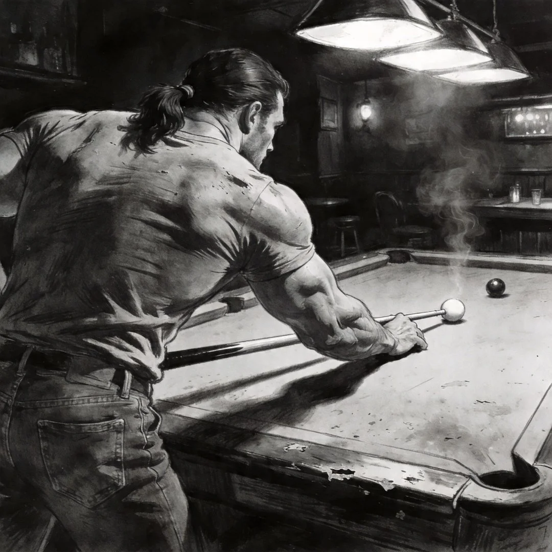 Muscular man leaning over a pool table preparing a shot in a dim noir pool hall