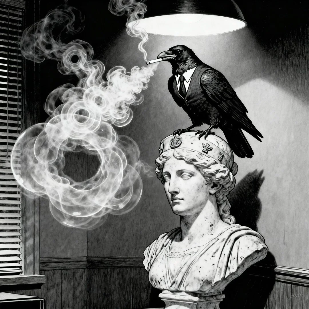 Raven perched atop the bust of Pallas in a detective's office, smoking a cigarette and blowing large smoke rings beneath a lamp.