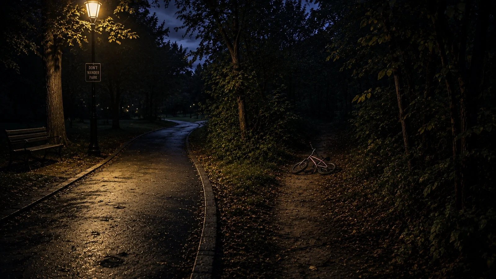 A child’s bicycle lies abandoned on a dirt trail beside a dimly lit paved path in Don't Wander Park.