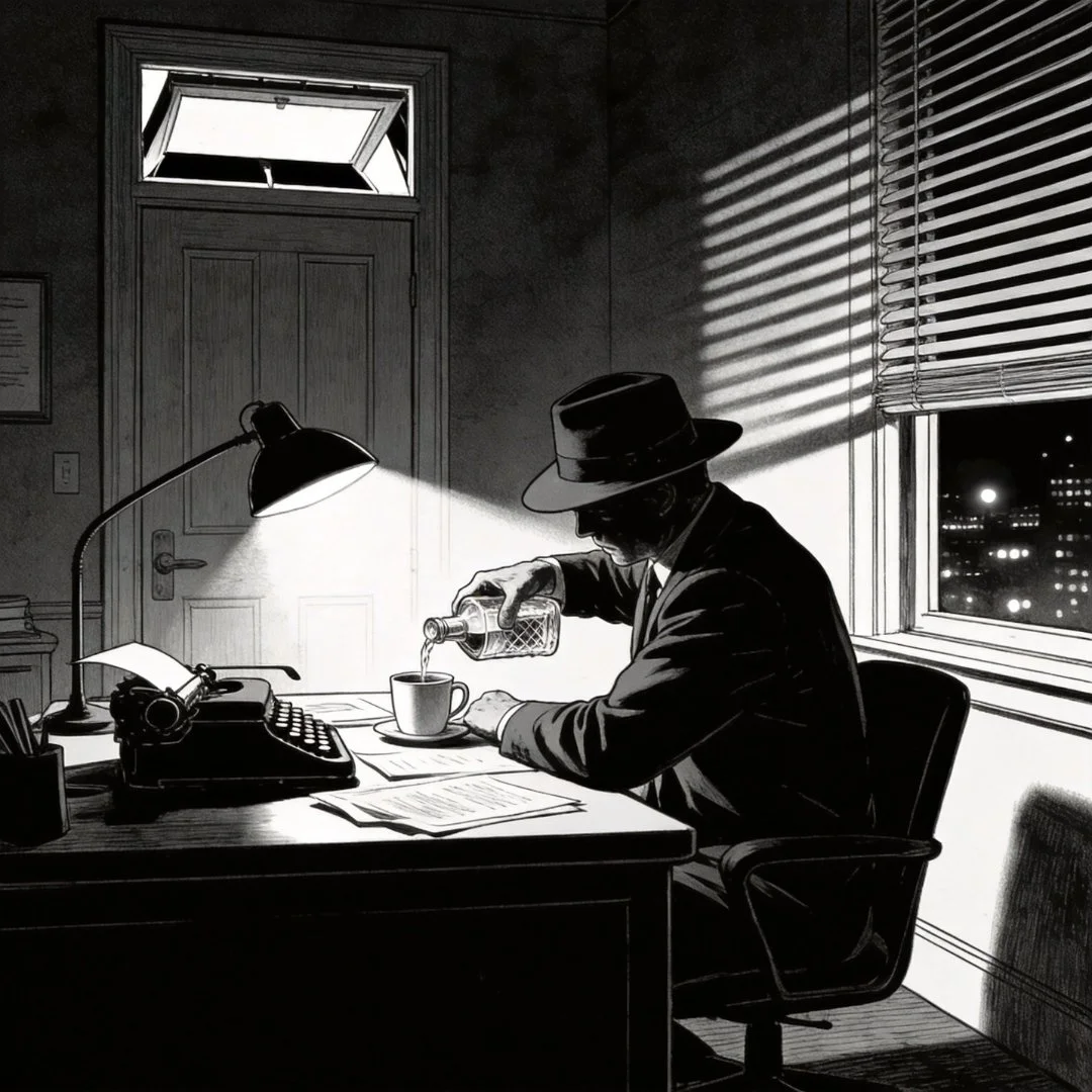 Illustrated noir detective sits at his desk late at night, pouring the last of a gin bottle into a coffee cup beneath a desk lamp.