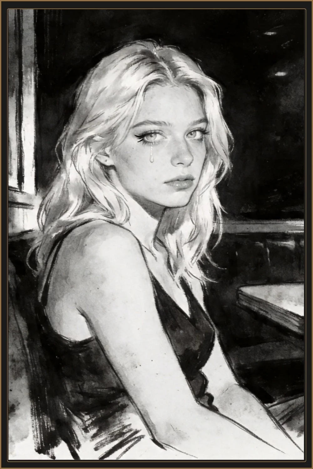 Blonde woman with a tear in her eye sitting in a dimly lit diner booth, noir-style illustration suggesting emotional ambiguity.