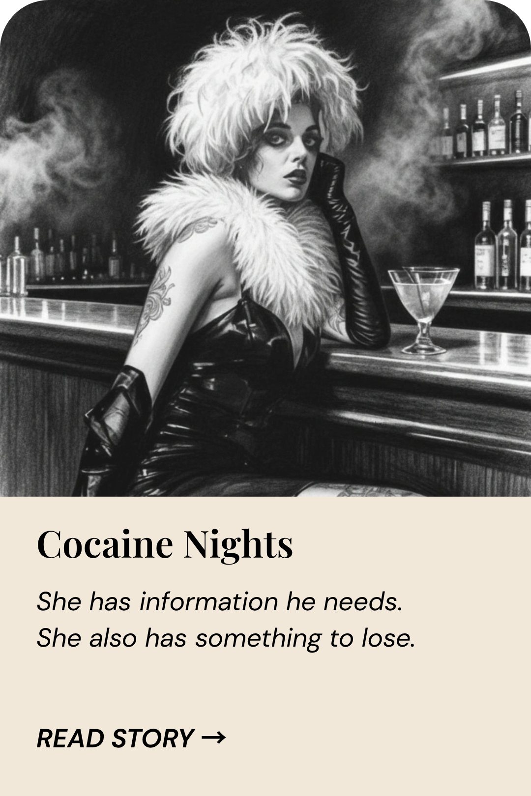 Story card for Cocaine Nights, a detective story featuring Detective Shackley meeting nightclub informant Jeannie in an atmospheric jazz club.