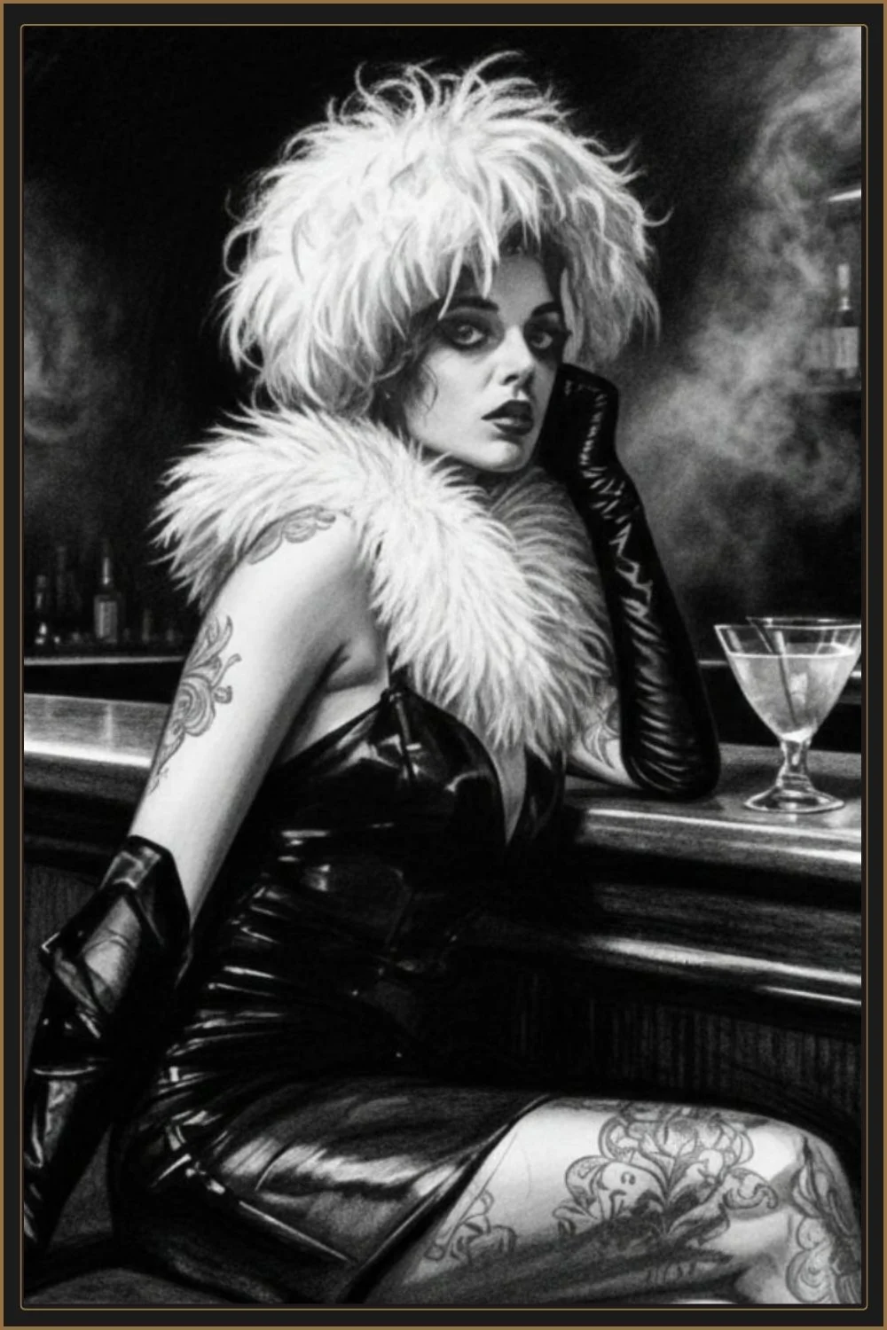 Woman sitting alone at a bar with a drink, noir-style illustration with a seductive and dangerous atmosphere.