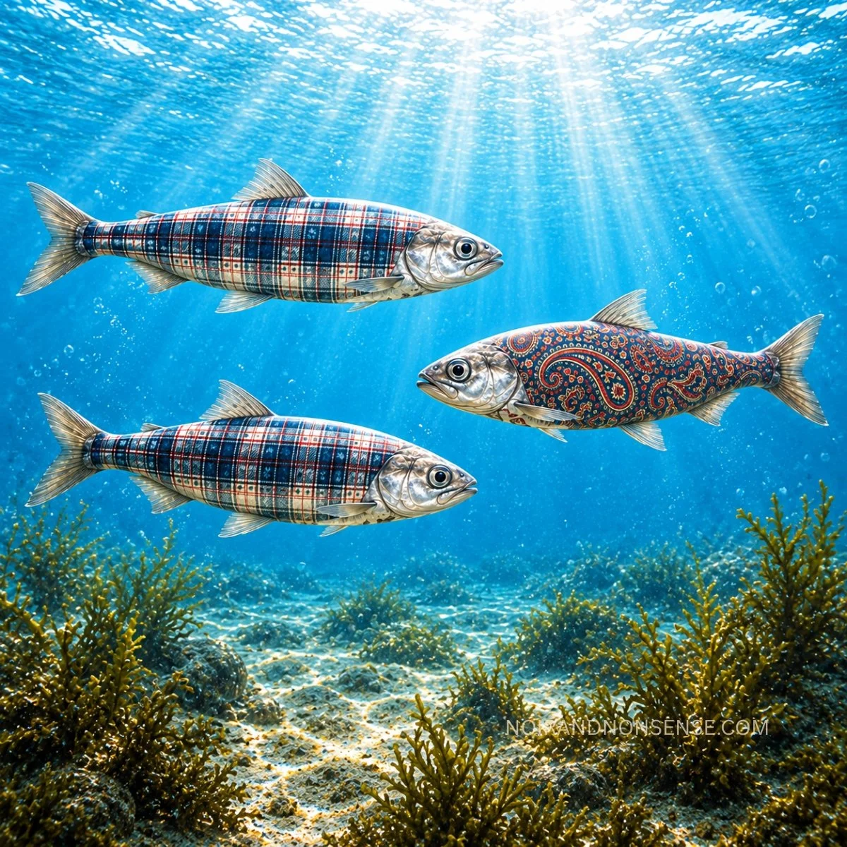 Three fish swimming underwater, two patterned in plaid and one in an ornate paisley design.
