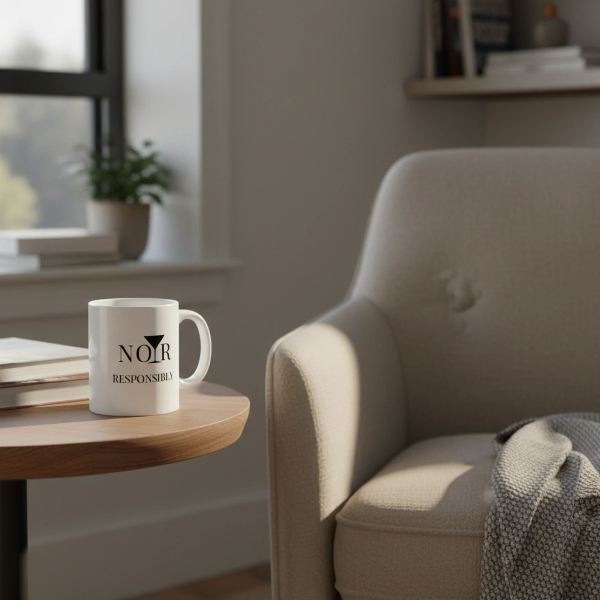 NOIR RESPONSIBLY 11 oz white ceramic mug on a side table next to beige chair