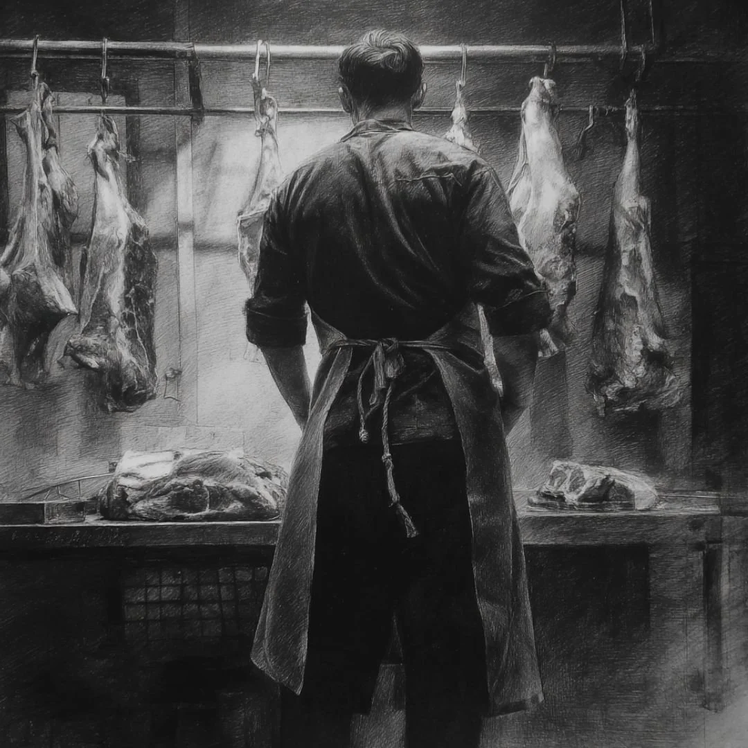 Noir scene in charcoal style of the butcher of wellesley at his counter