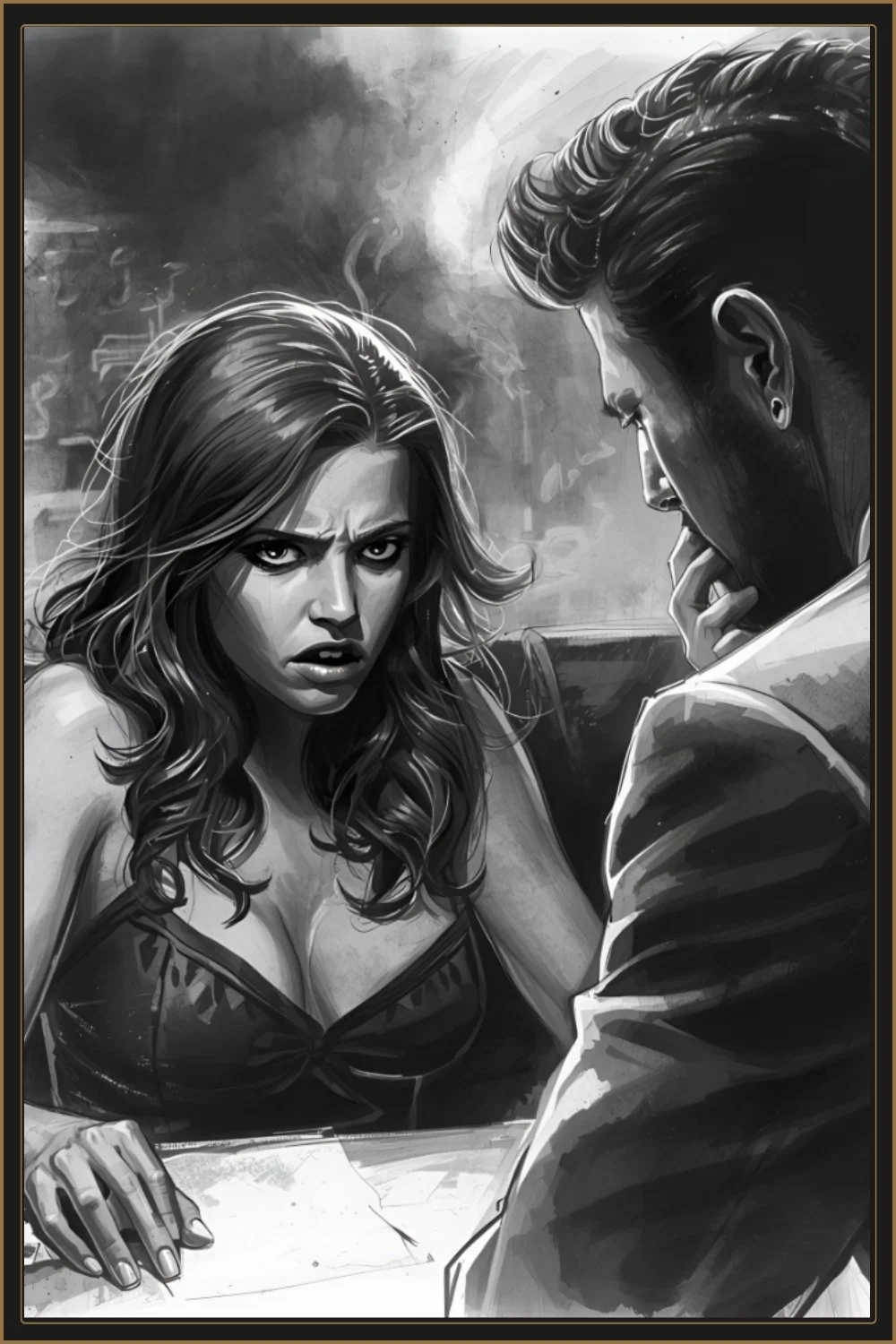 Man listening to an angry woman across a table, noir-style illustration suggesting tension and emotional conflict.