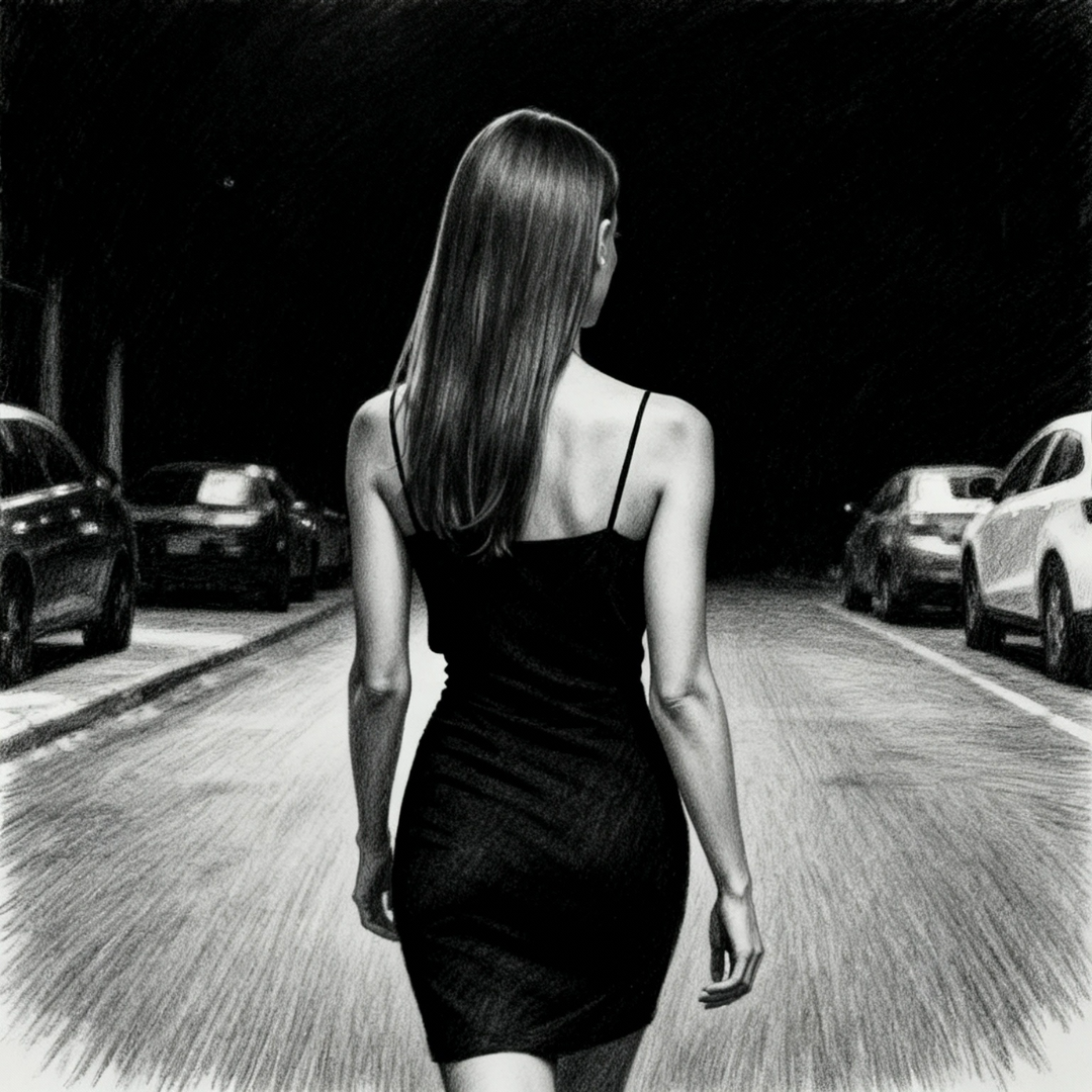 Margot walking away from Bostwick Hotel in noir charcoal style