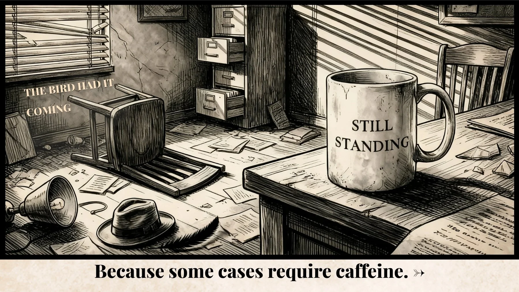 Vintage-style illustrated advertisement for the Still Standing coffee mug from Noir & Nonsense. Noir-inspired mug featuring a detective's office with scattered papers, fedora, raven feather, and the slogan "Because some cases require caffeine."